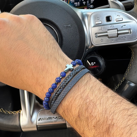 Brasnoletka Męska Skórzana Lapis Lazuli Krzyż z Hematytu Magnetyczna