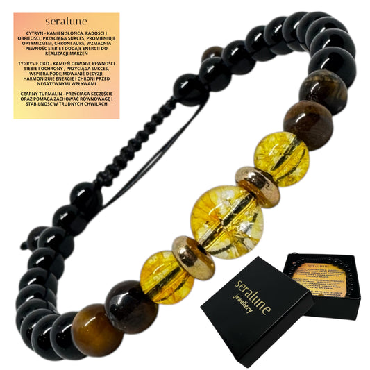 Bransoletka Cytryn Czarny Turmalin i Tygrysie Oko Handmade