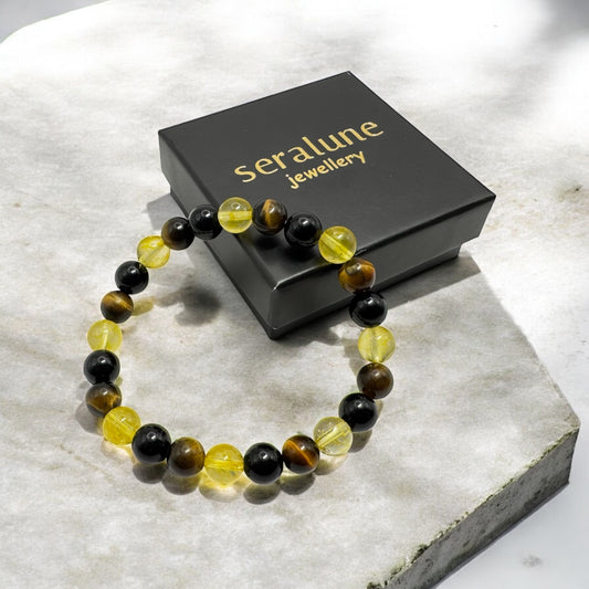 Bransoletka Cytryn Obsydian Tygrysie Oko 8mm Sukces Siła Ochrona