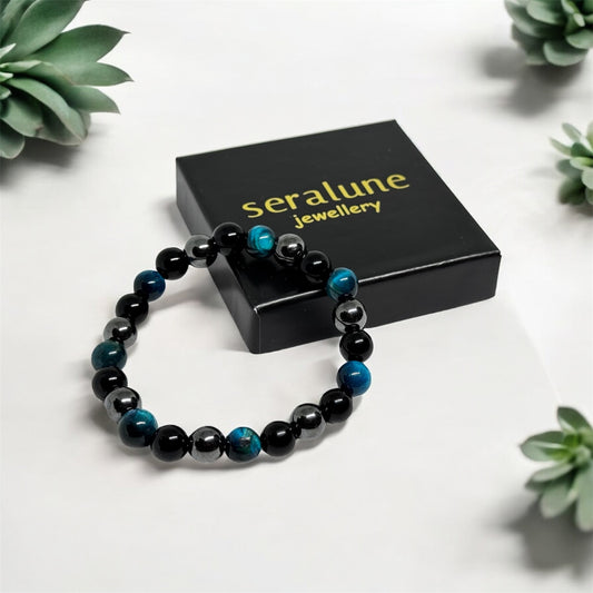 Bransoletka Czarny Obsydian Niebieskie Tygrysie Oko Hematyt Ochronna