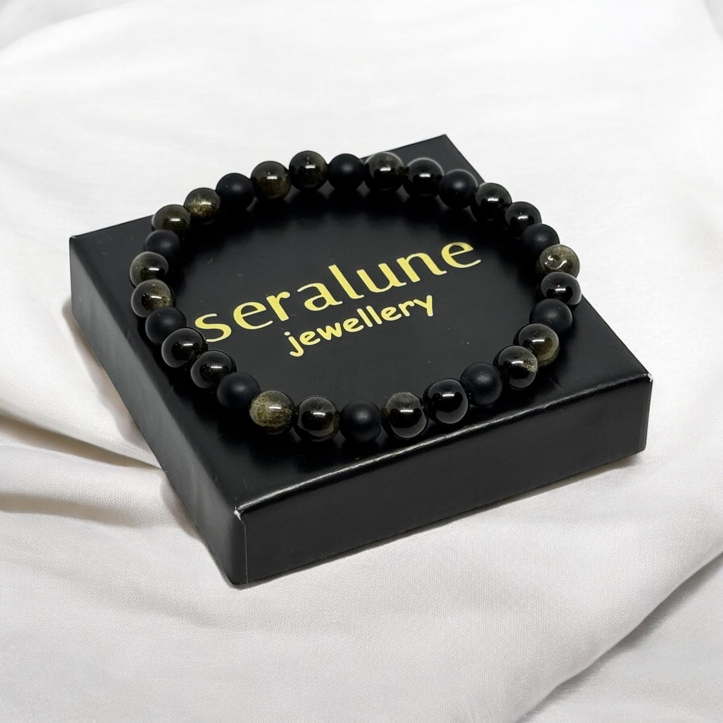 Bransoletka Onyks Obsydian Złocisty 6mm Kamienie Talizman Ochrona Amulet