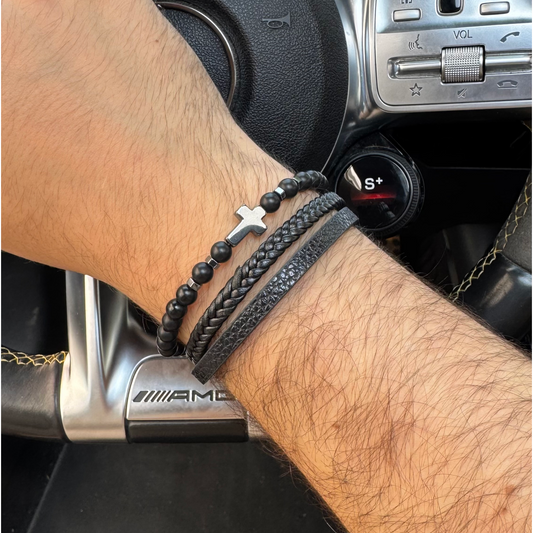 Bransoletka Skórzana Czarny Agat Onyks Hematyt Krzyż