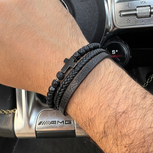 Bransoletka Skórzana Lawa Wulkaniczna Hematyt Krzyż Magnetyczna