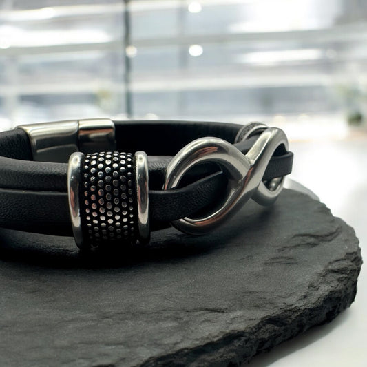 Bransoletka Skorzana Meska Stal Chrom Nieskończoność Magnetyczna