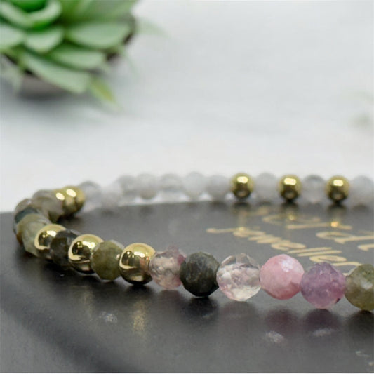 Bransoletka Turmalin Wielobarwny Kamień Księżycowy 3mm Złota