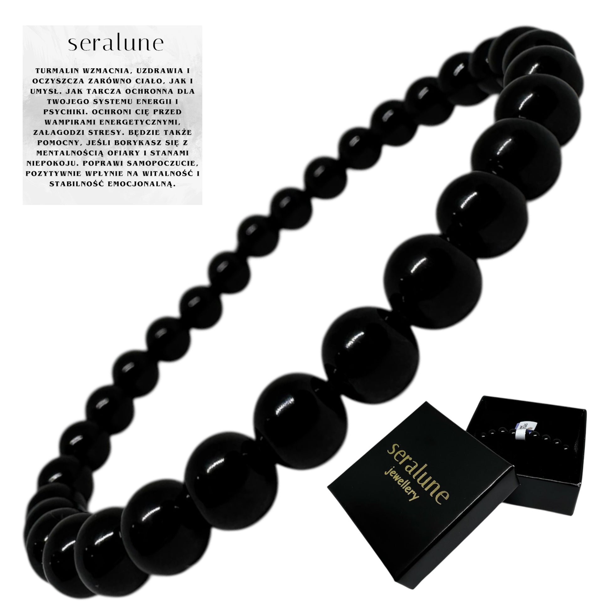 Bransoletka z Czarnego Turmalinu 6mm Polerowane Kule