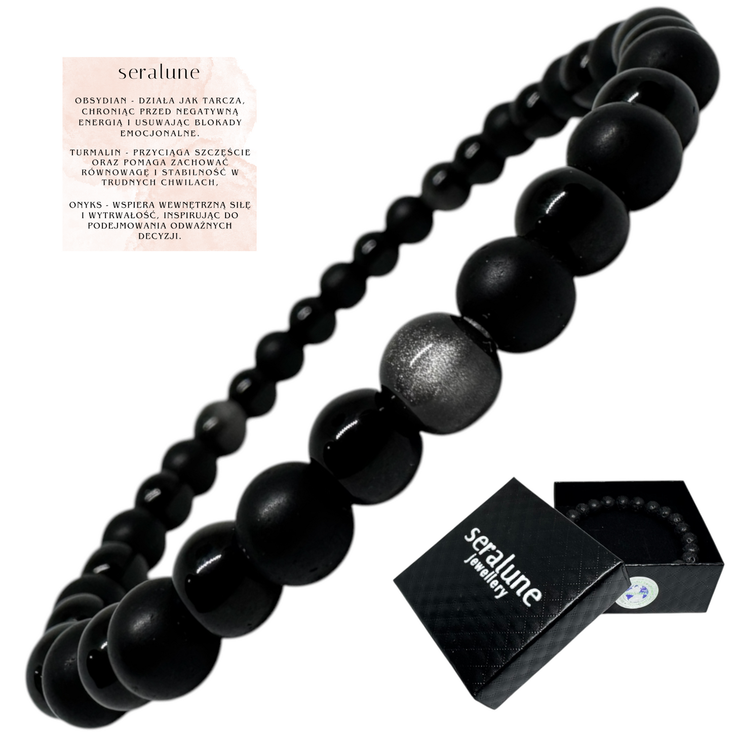 Bransoletka z Czarnego Turmalinu, Obsydianu i Onyksu 6mm