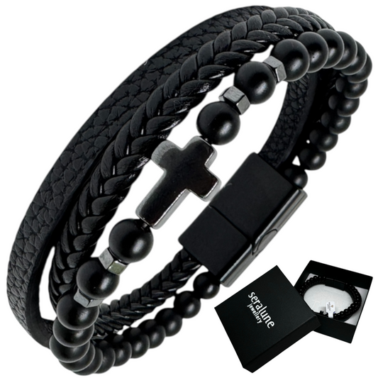 Brasnoletka Męska Skórzana Agat Czarny i Krzyż z Hematytu Magnetyczna