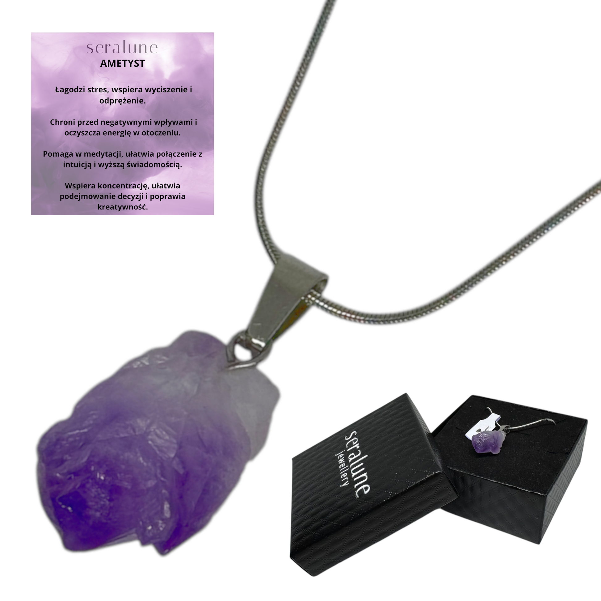 Naszyjnik Ametyst Bryłka Stal Nierdzewna Wisiorek