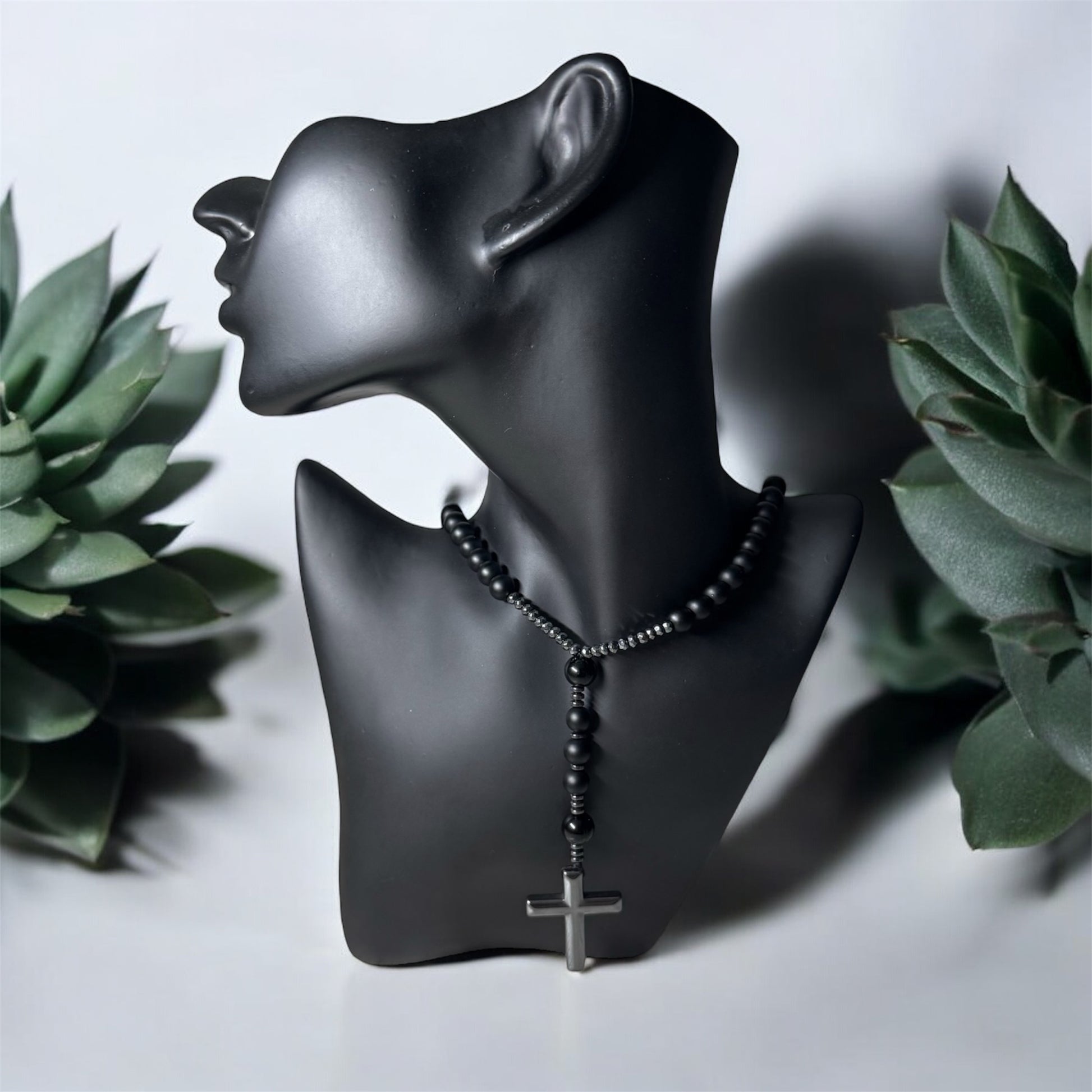 Naszyjnik Różaniec z Krzyżem Czarny Turmalin Hematyt Obsydian Naturalny