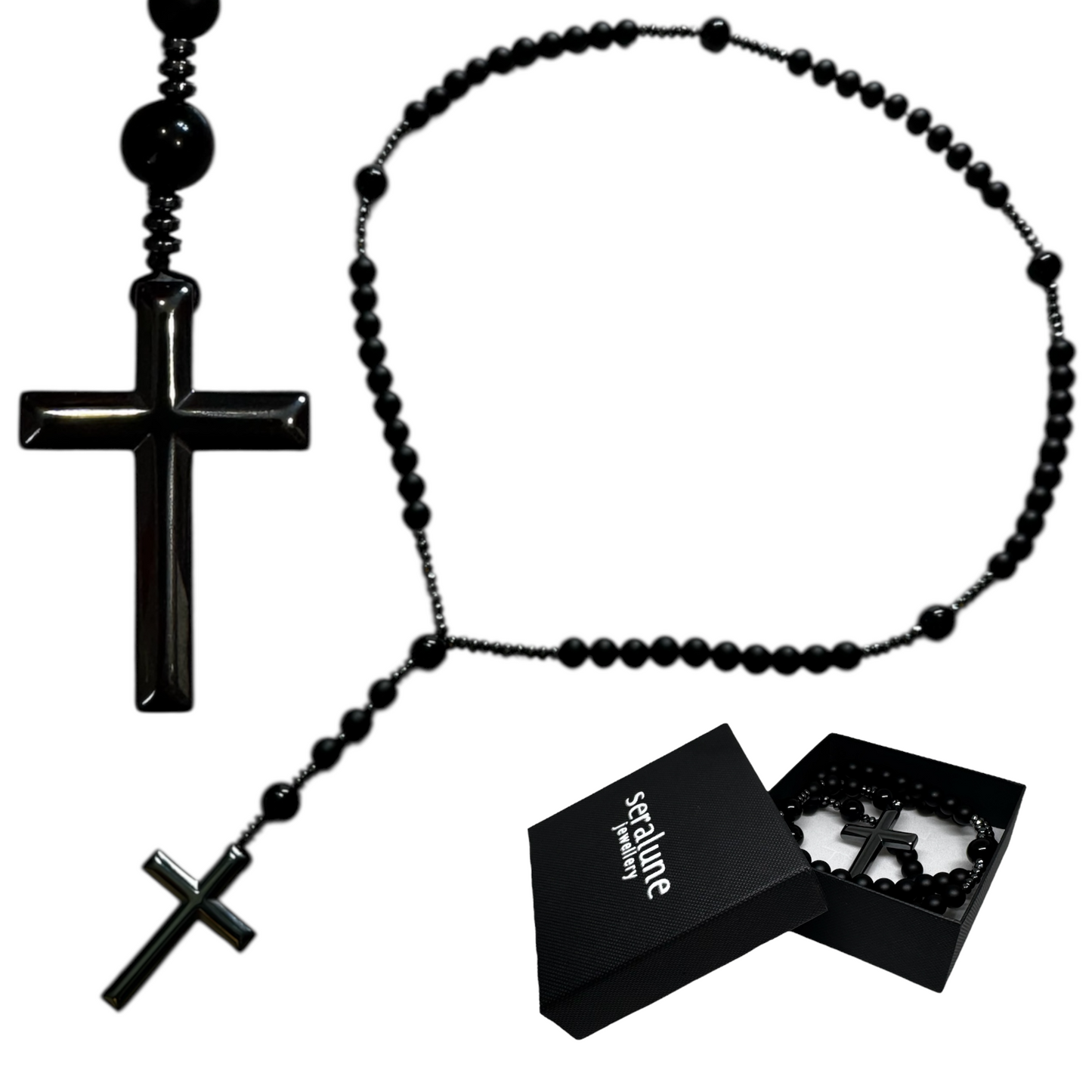 Naszyjnik Różaniec z Krzyżem Czarny Turmalin Hematyt Obsydian Naturalny