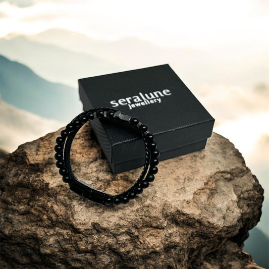 Brasnoletka Męska Skórzana Agat Czarny i Krzyż z Hematytu Magnetyczna