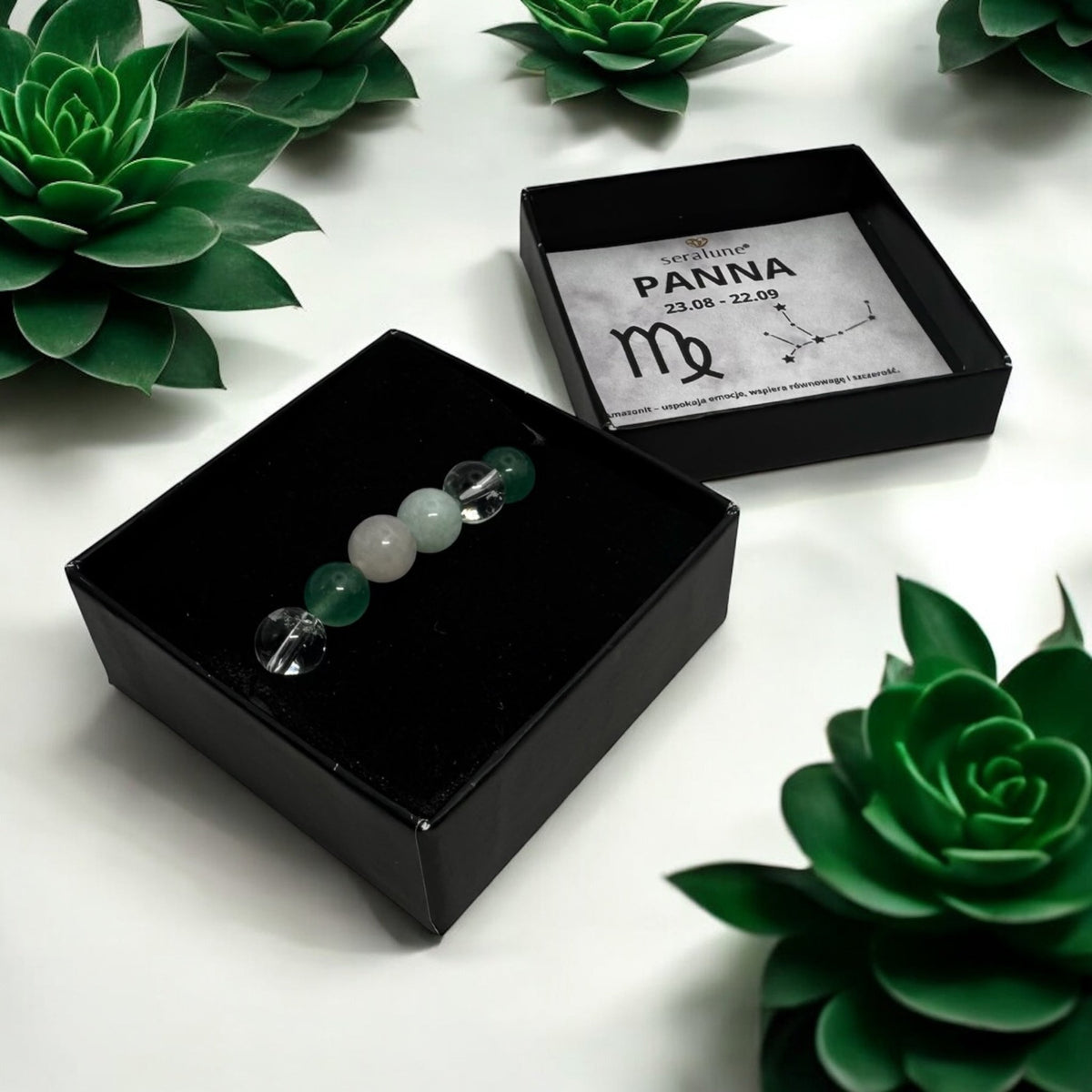 Bransoletka Znak Zodiaku Panna Amazonit Kwarc Różowy Awenturyn 8mm - Seralune