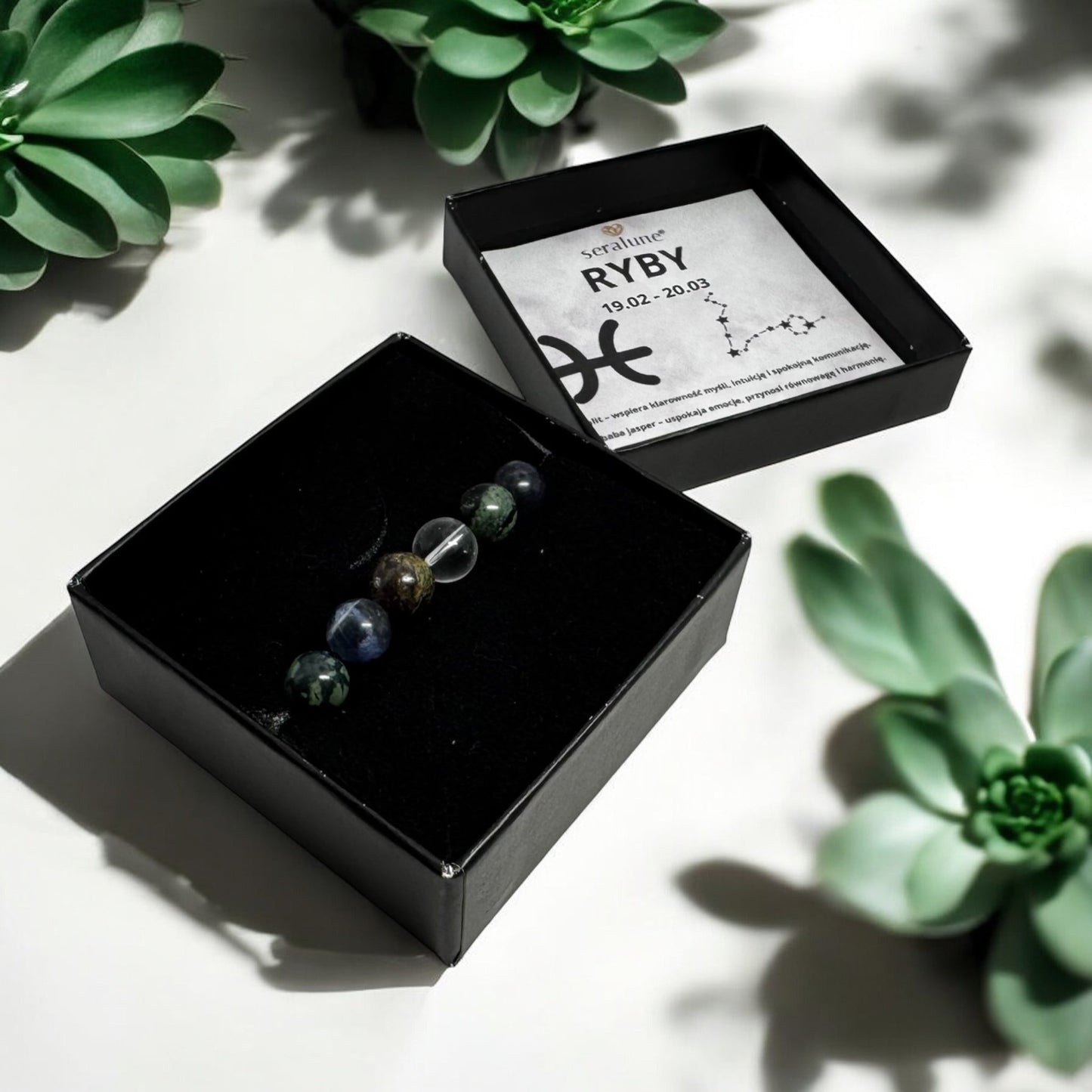 Bransoletka Znak Zodiaku Ryby Sodalit Jaspis Kwarc Górski Heliotrop 8mm - Seralune