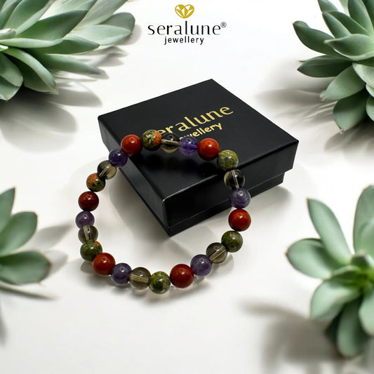 Bransoletka Znak Zodiaku Skorpion Ametyst Kwarc Dymny Unakit Jaspis 8mm - Seralune