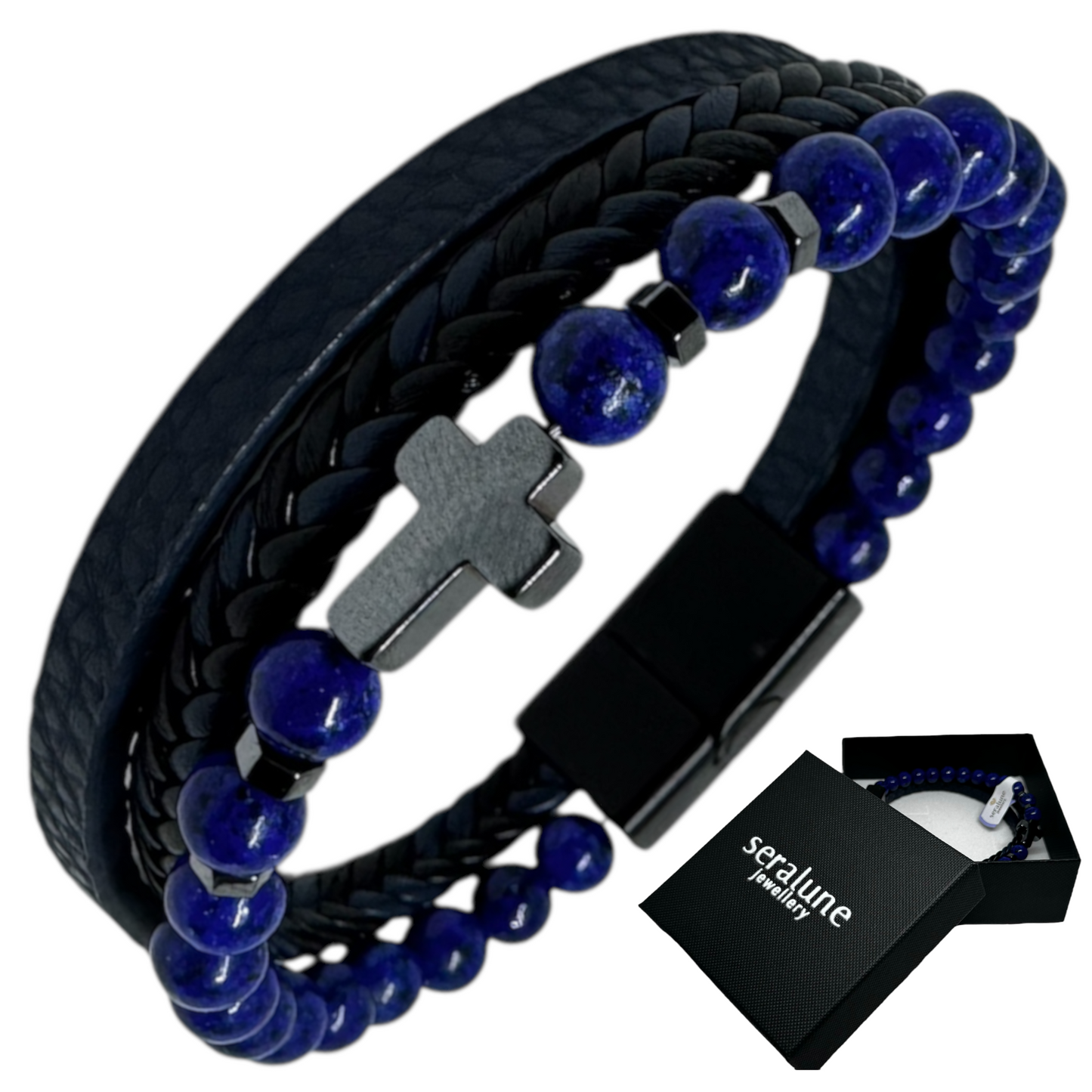 Brasnoletka Męska Skórzana Lapis Lazuli  Krzyż z Hematytu Magnetyczna
