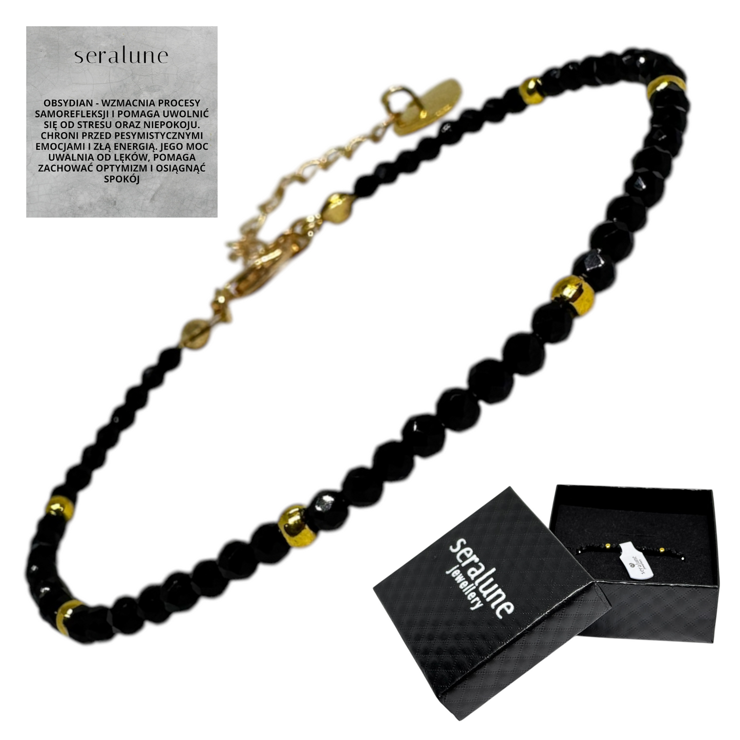 Bransoletka Czarny Obsydian Minimalistyczna Kamienie 3mm