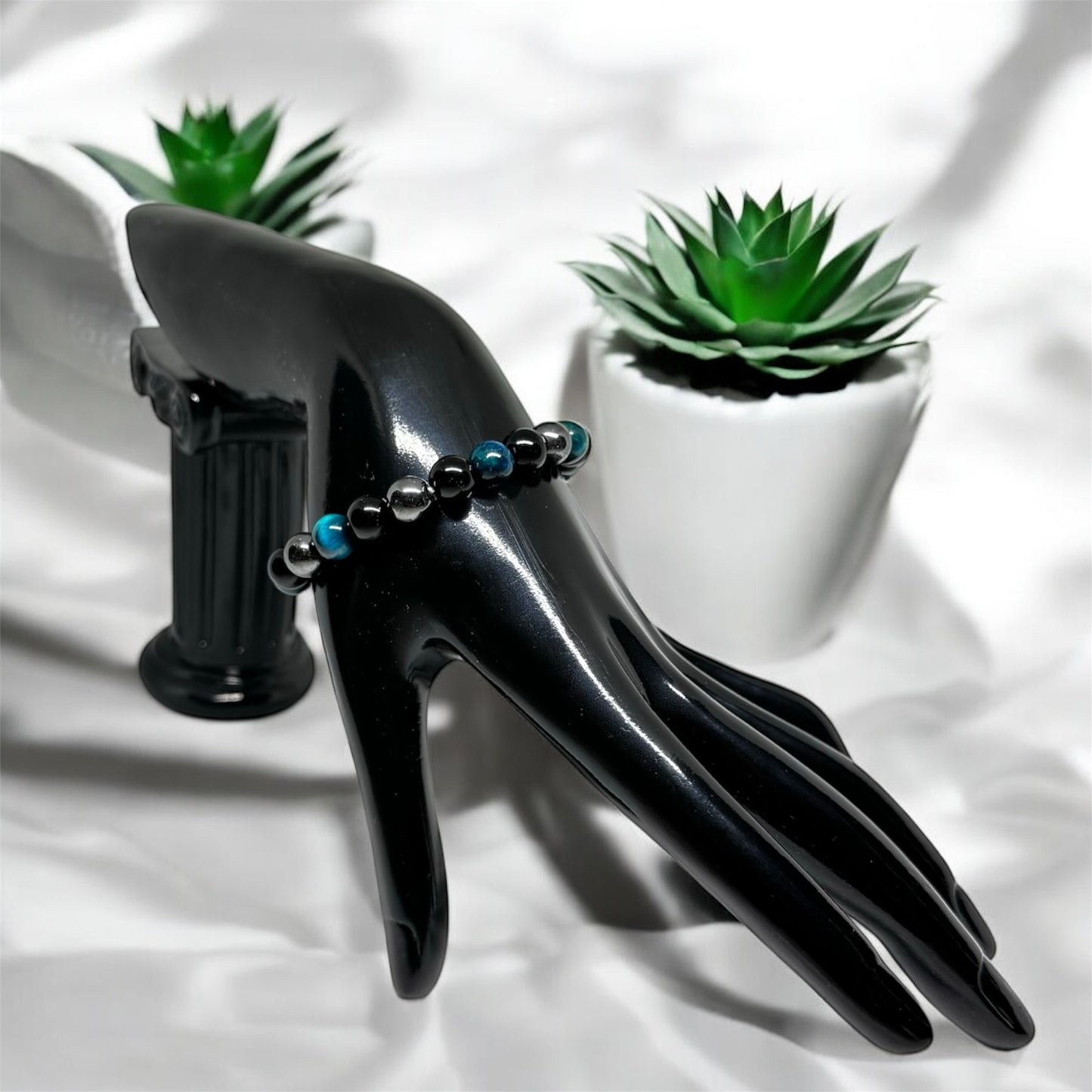 Bransoletka Czarny Obsydian Niebieskie Tygrysie Oko Hematyt Ochronna