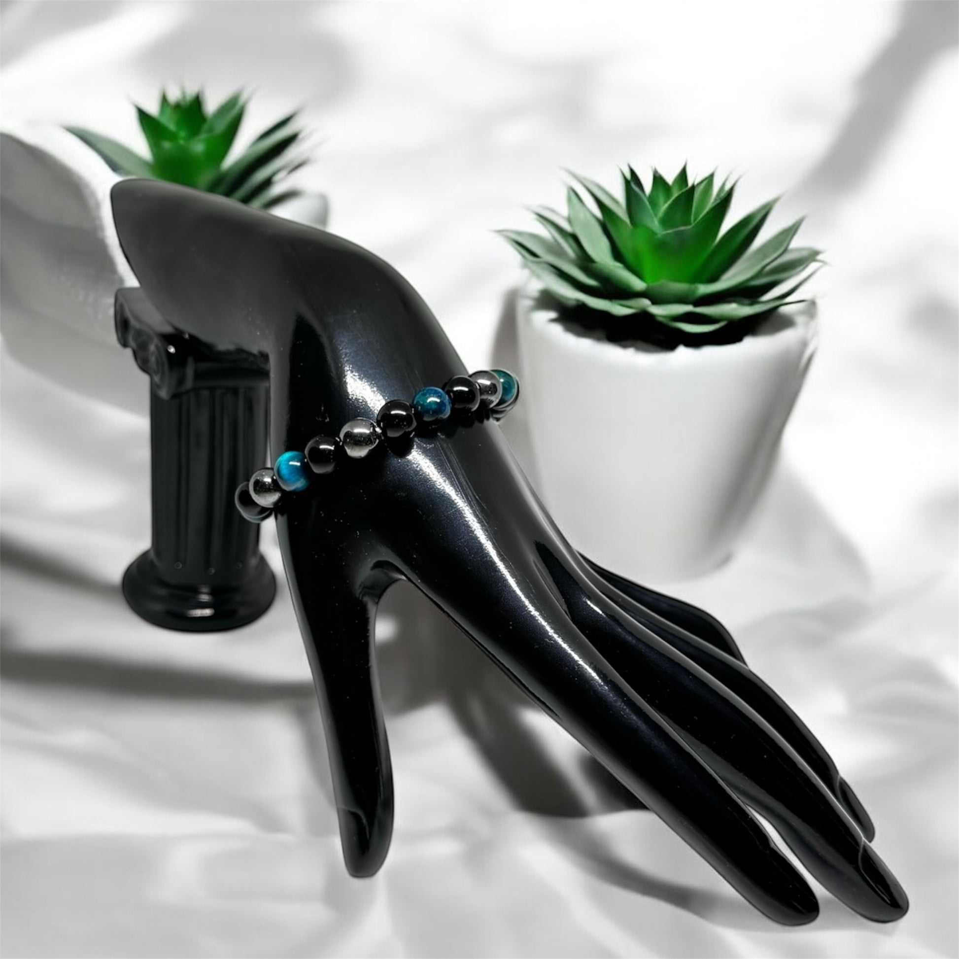 Bransoletka Czarny Obsydian Niebieskie Tygrysie Oko Hematyt Ochronna