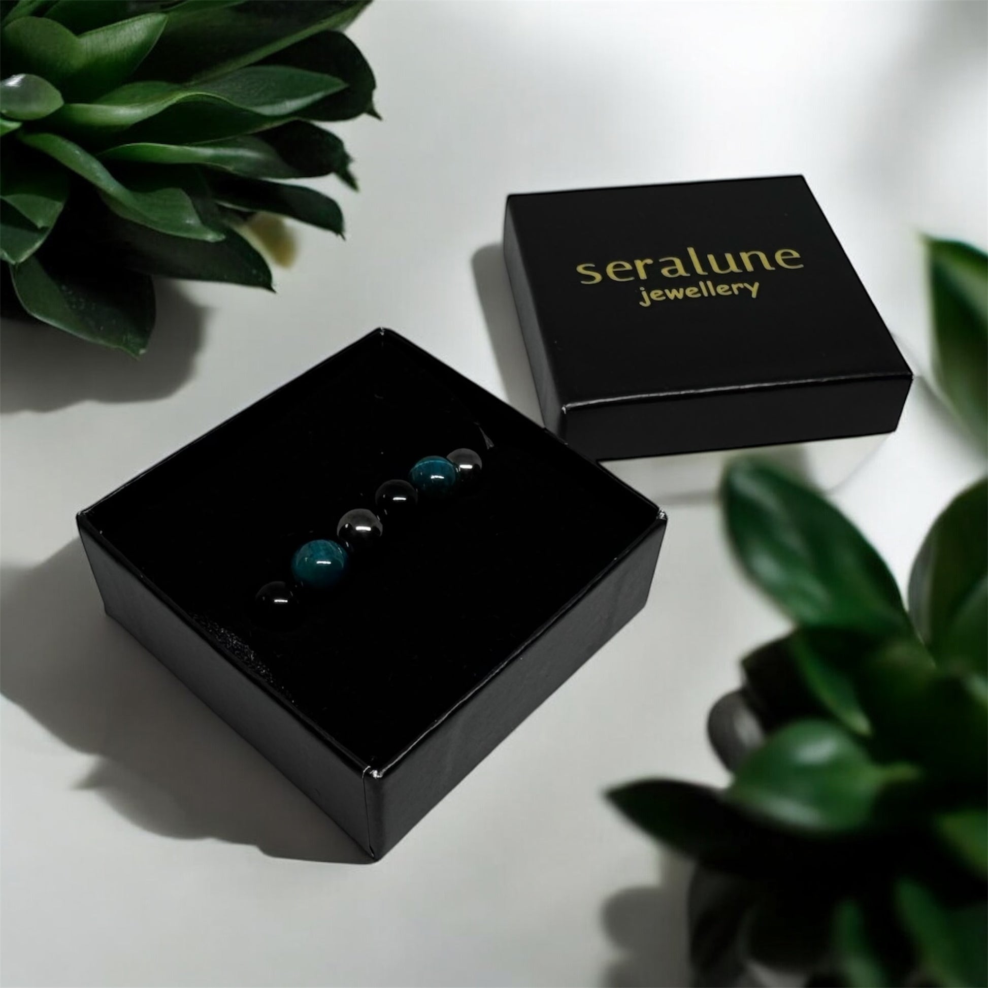 Bransoletka Czarny Obsydian Niebieskie Tygrysie Oko Hematyt Ochronna