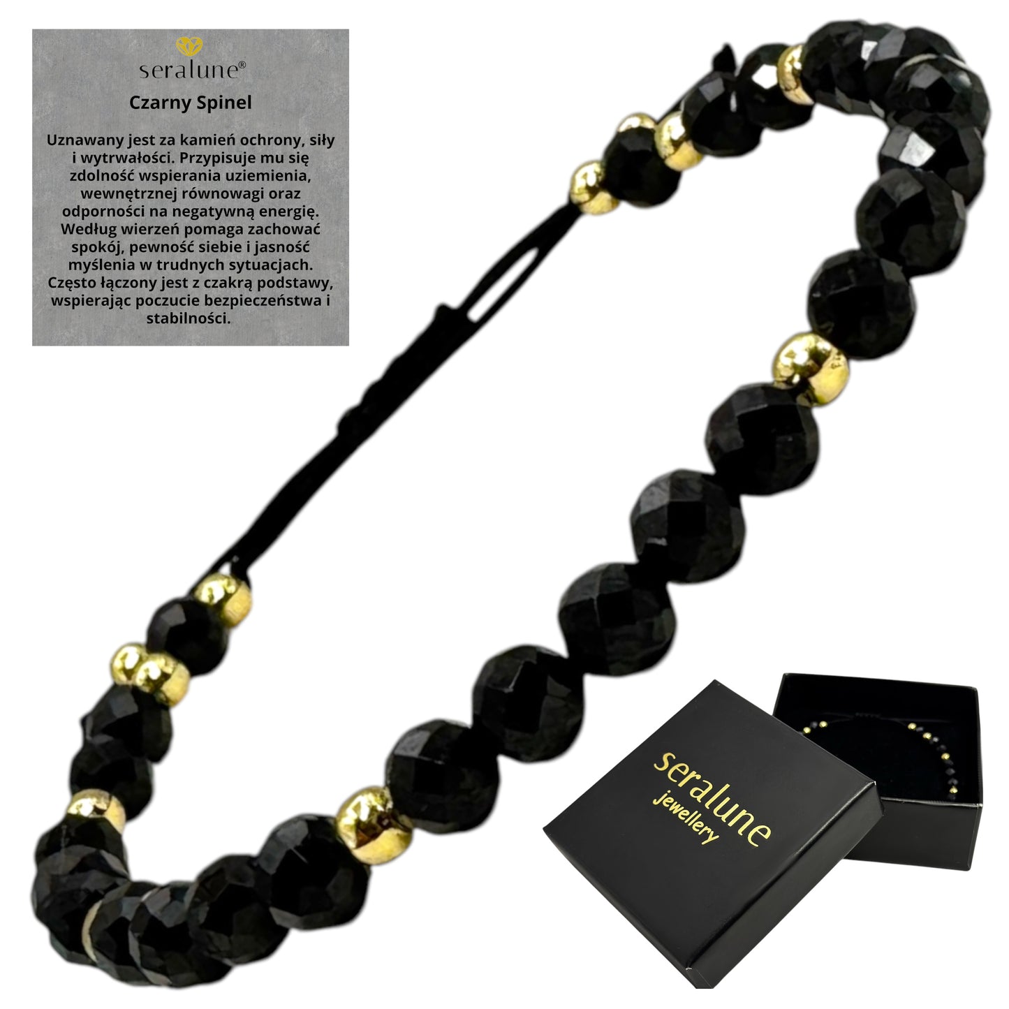 Bransoletka Czarny Spinel Kamień 4mm Na Sznurku