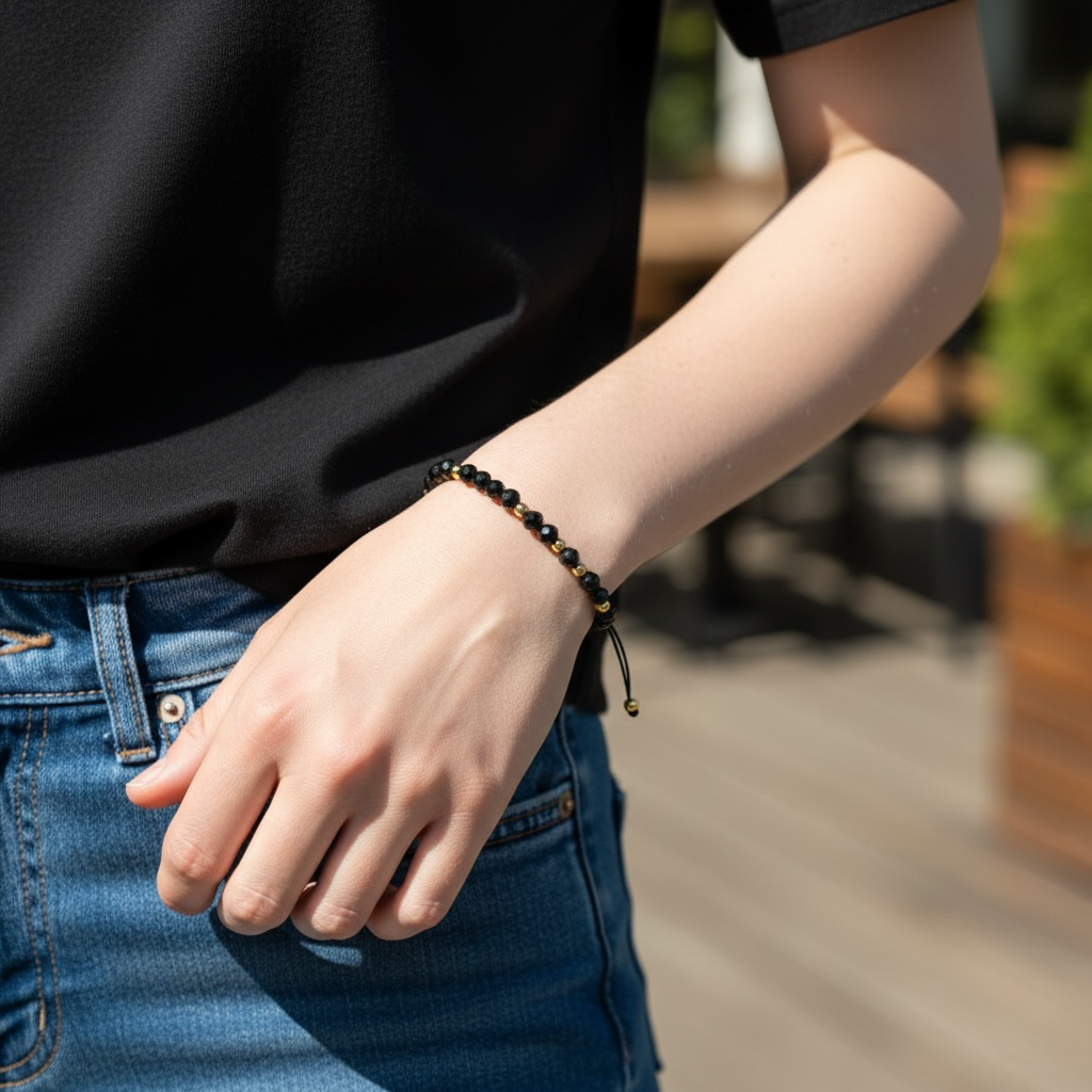 Bransoletka Czarny Spinel Kamień 4mm Na Sznurku