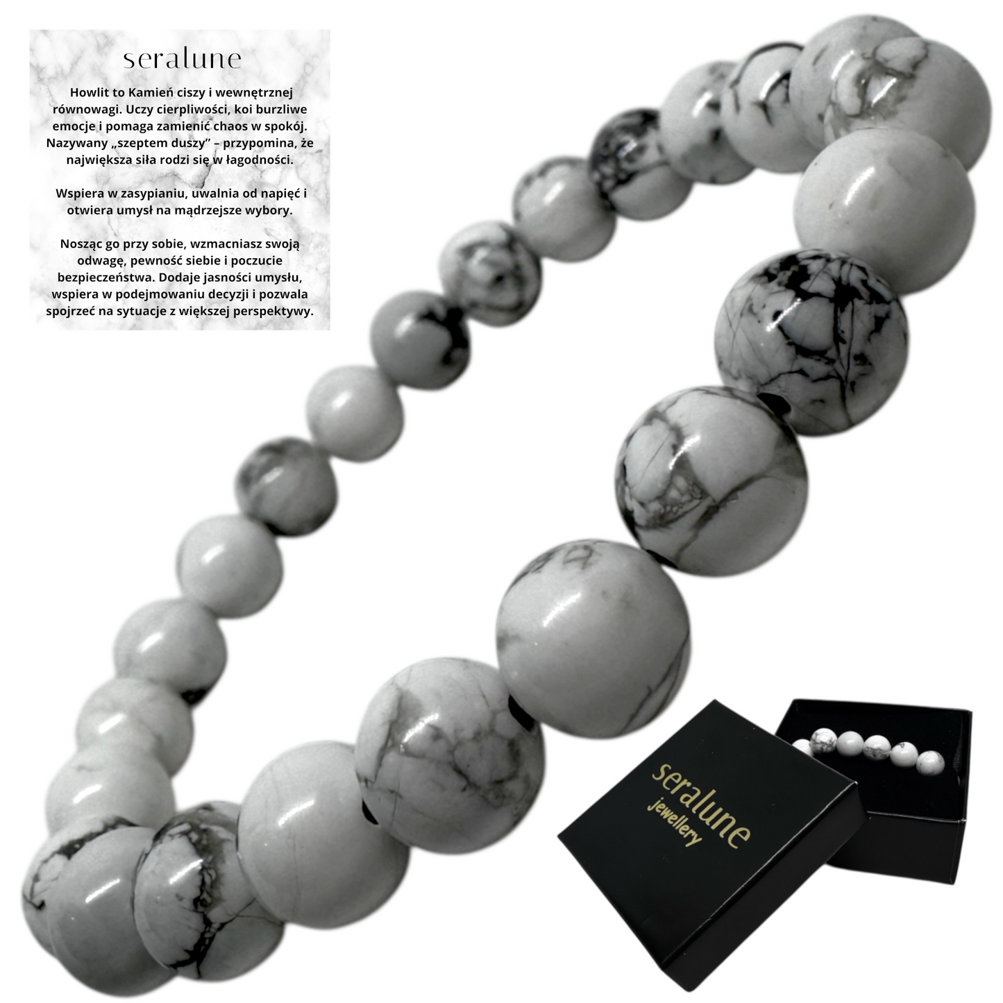 Bransoletka Howlit Biały 8mm Kamień Odwaga Sen Równowaga