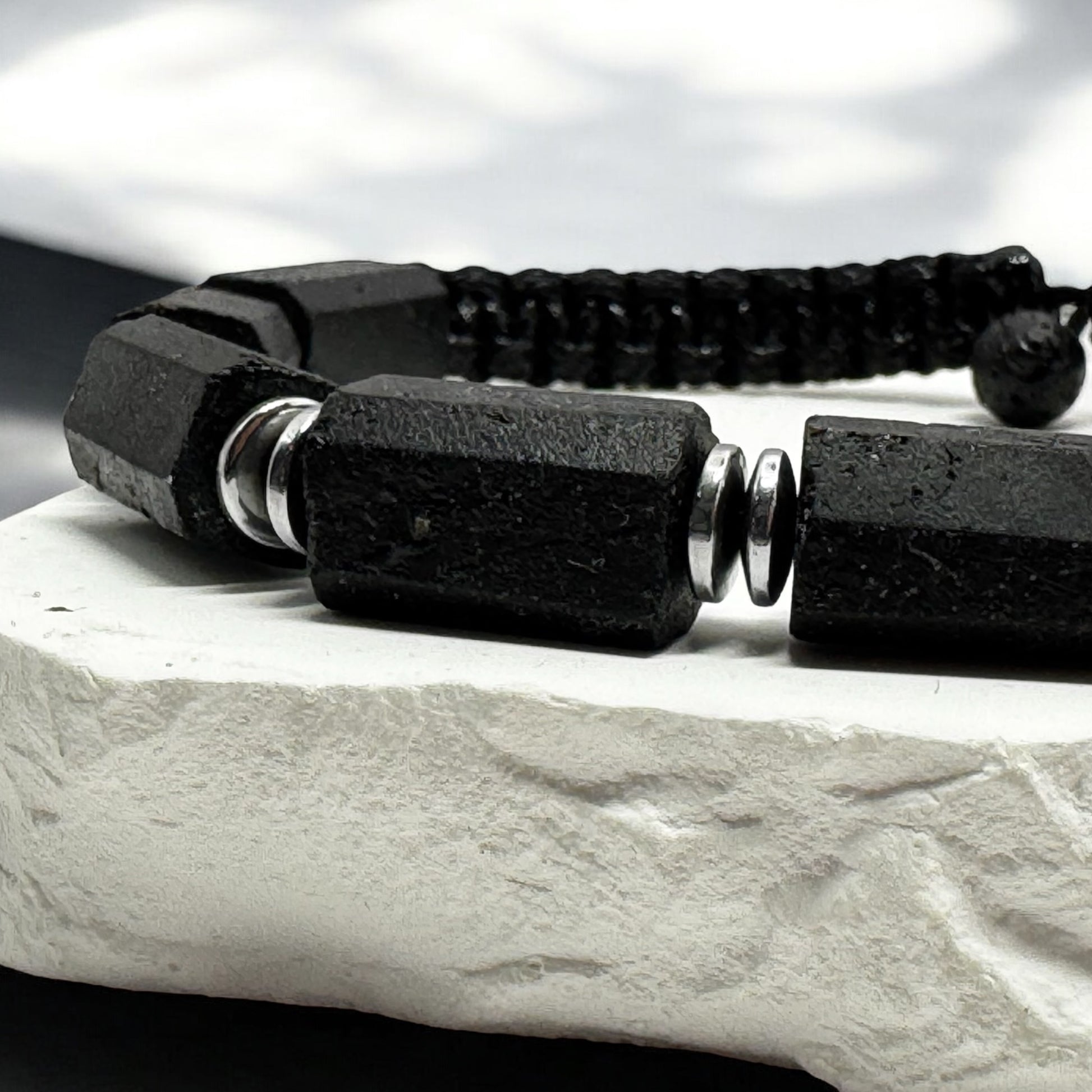 Bransoletka Męska Czarny Turmalin Kamień Naturalny Stal 10mm RAW