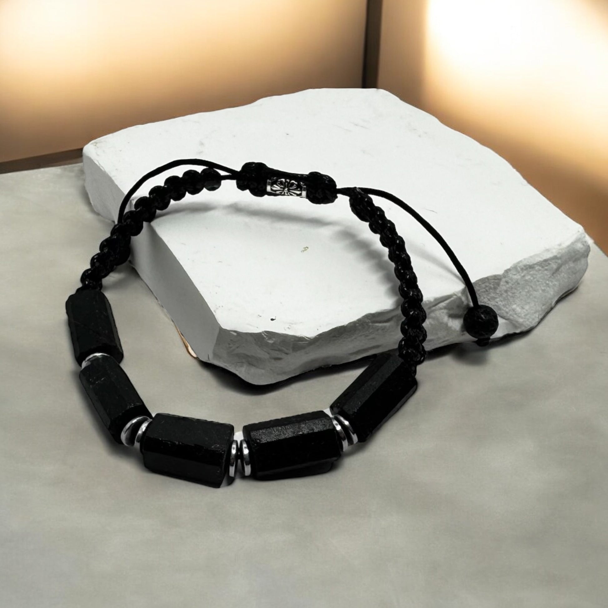 Bransoletka Męska Czarny Turmalin Kamień Naturalny Stal 10mm RAW