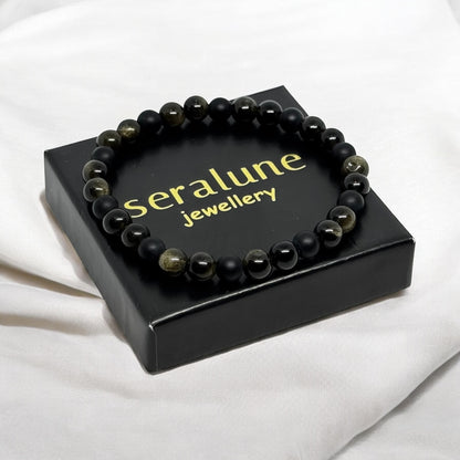 Bransoletka Onyks Obsydian Złocisty 6mm Kamienie Talizman Ochrona Amulet