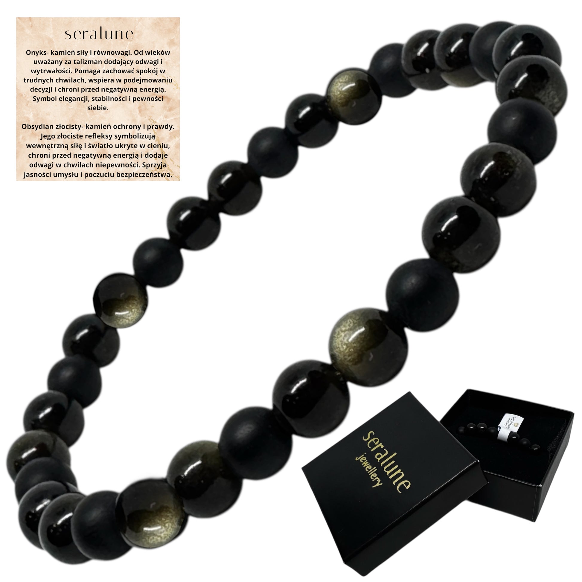 Bransoletka Onyks Obsydian Złocisty 6mm Kamienie Talizman Ochrona Amulet