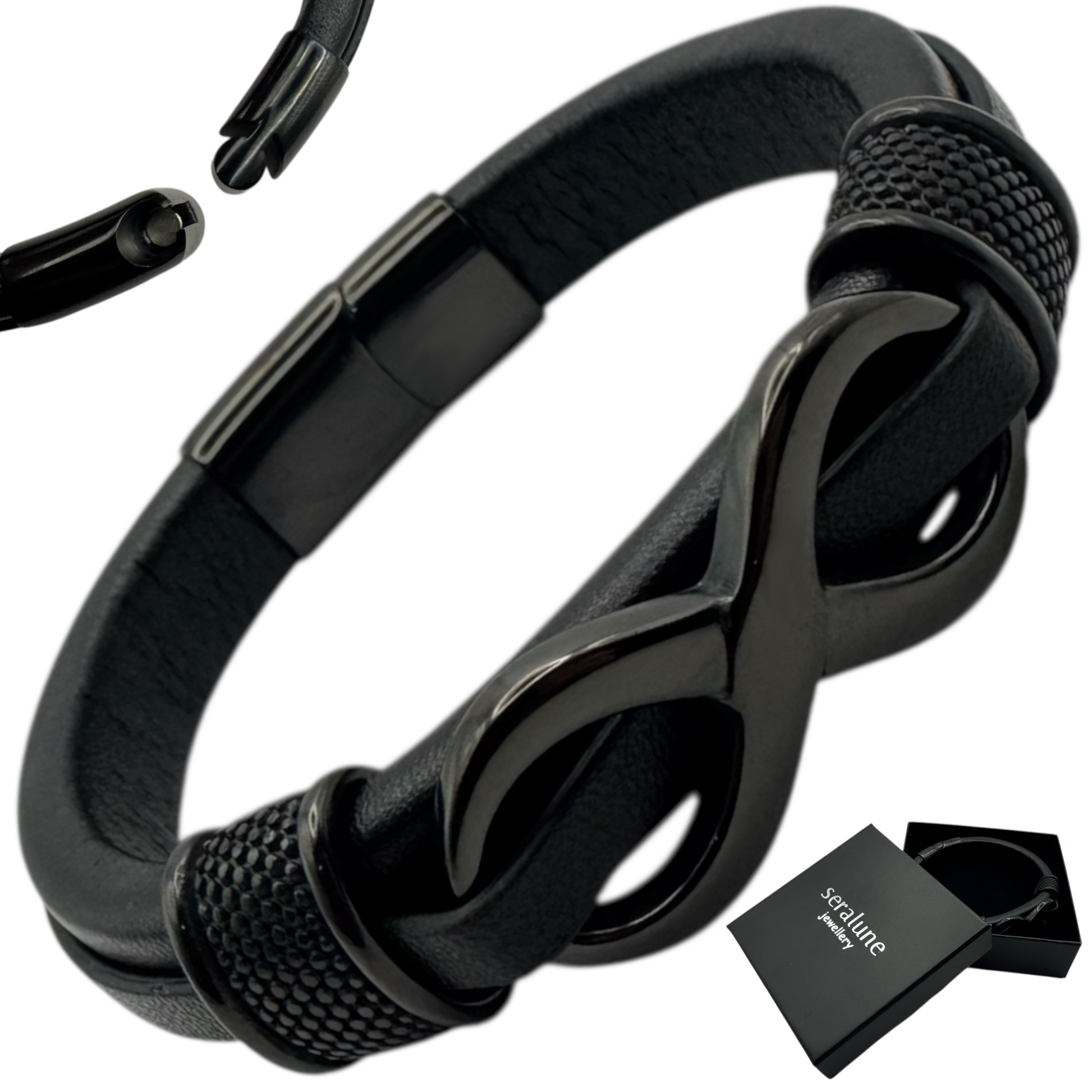 Bransoletka Skórzana Męska Stal Czarna Nieskończoność Magnetyczna