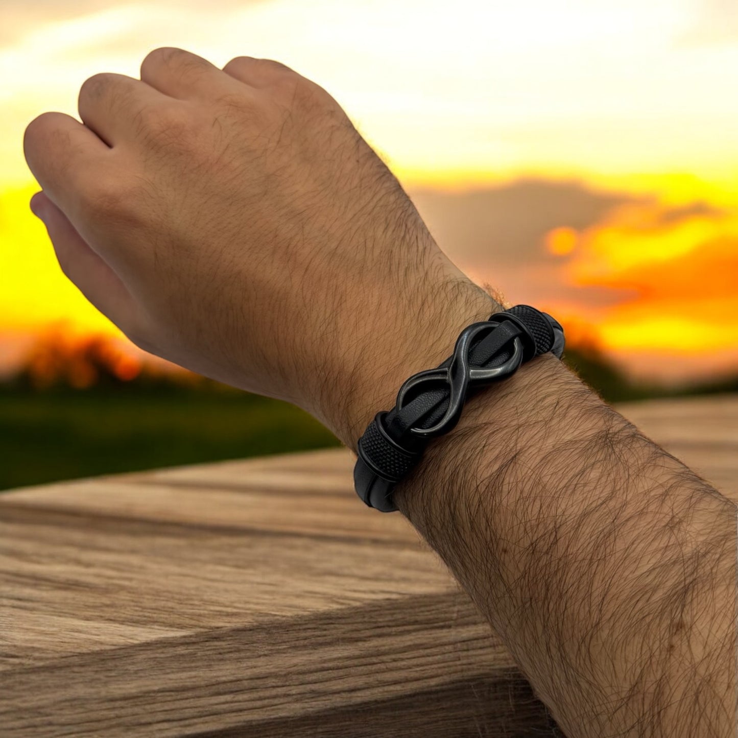 Bransoletka Skorzana Meska Stal Czarna Nieskończoność Magnetyczna