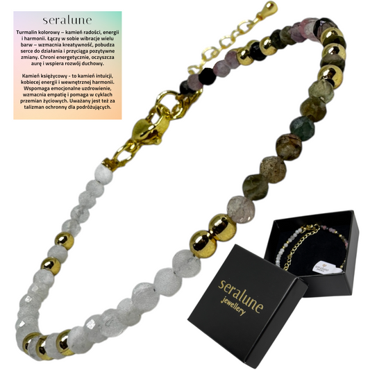 Bransoletka Turmalin Wielobarwny Kamień Księżycowy 3mm Złota