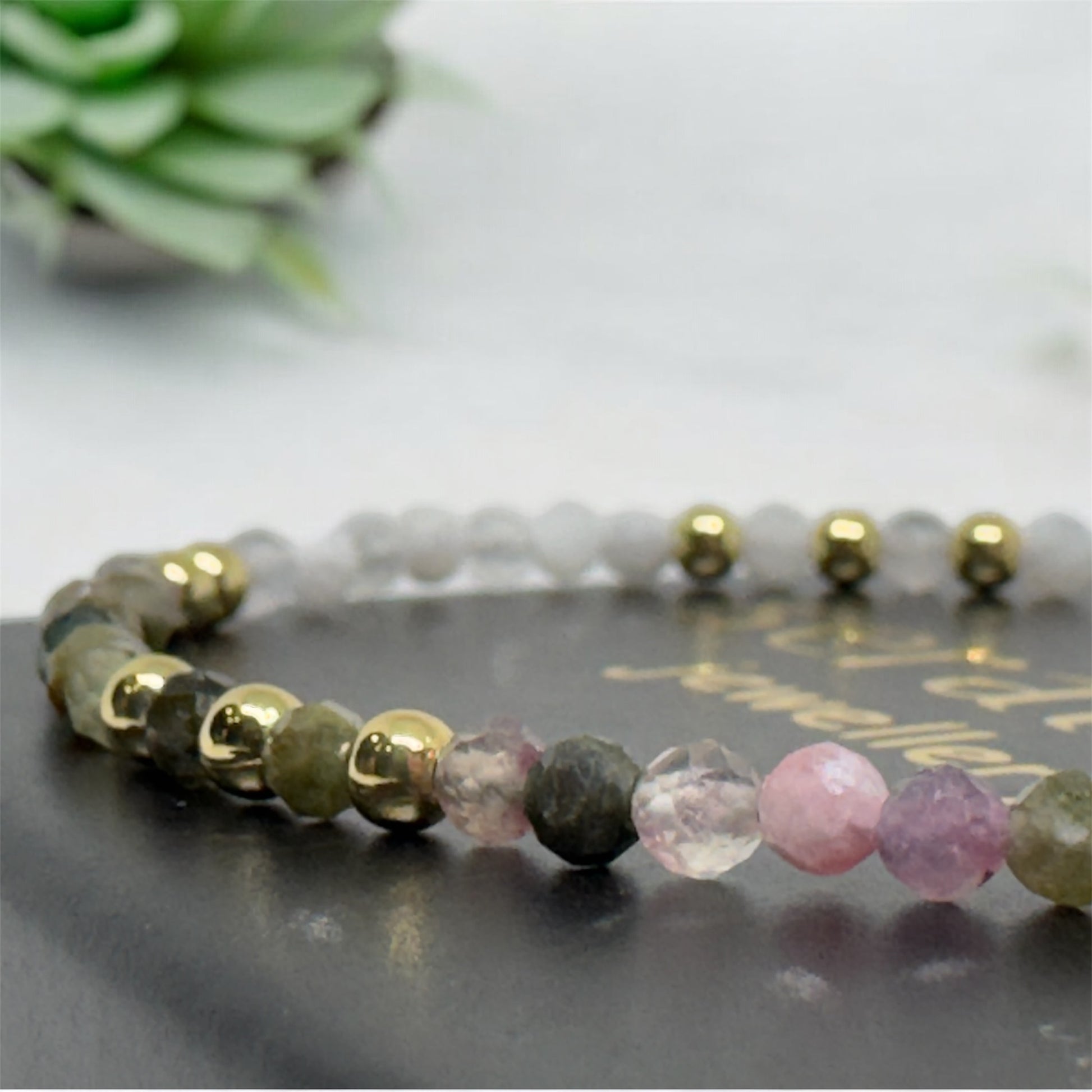 Bransoletka Turmalin Wielobarwny Kamień Księżycowy 3mm Złota