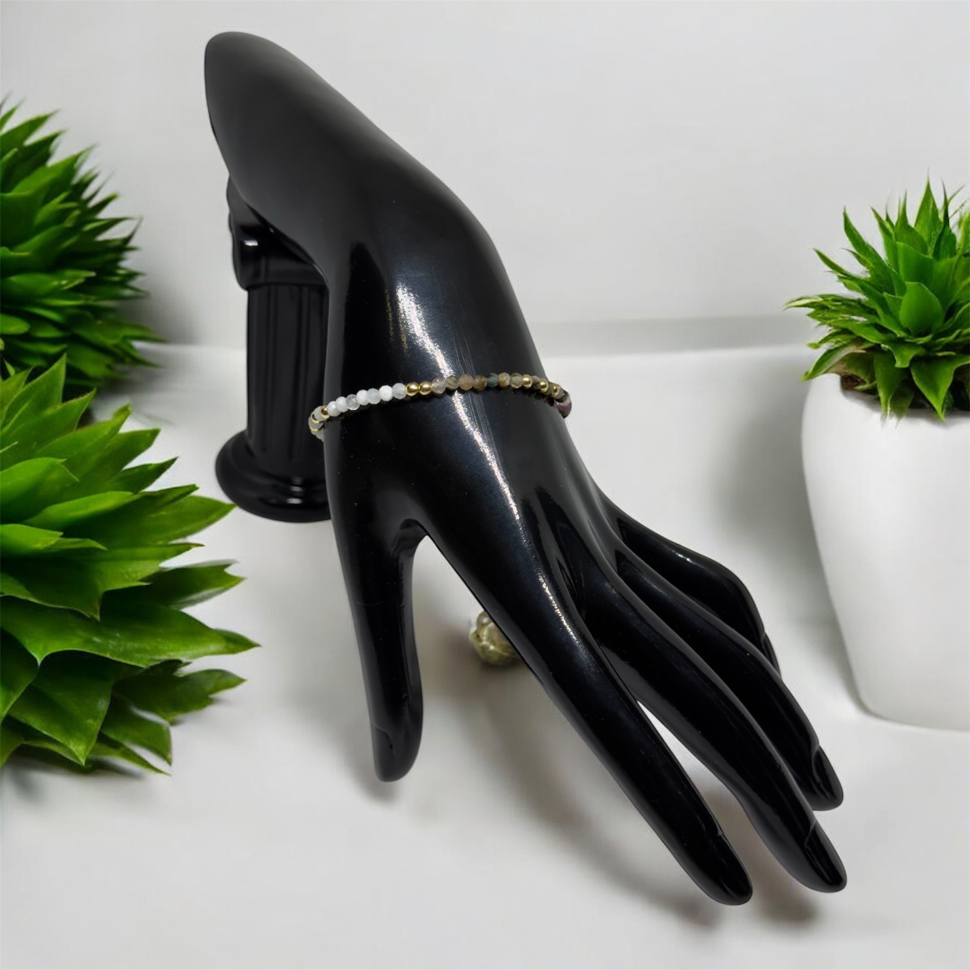 Bransoletka Turmalin Wielobarwny Kamień Księżycowy 3mm Złota