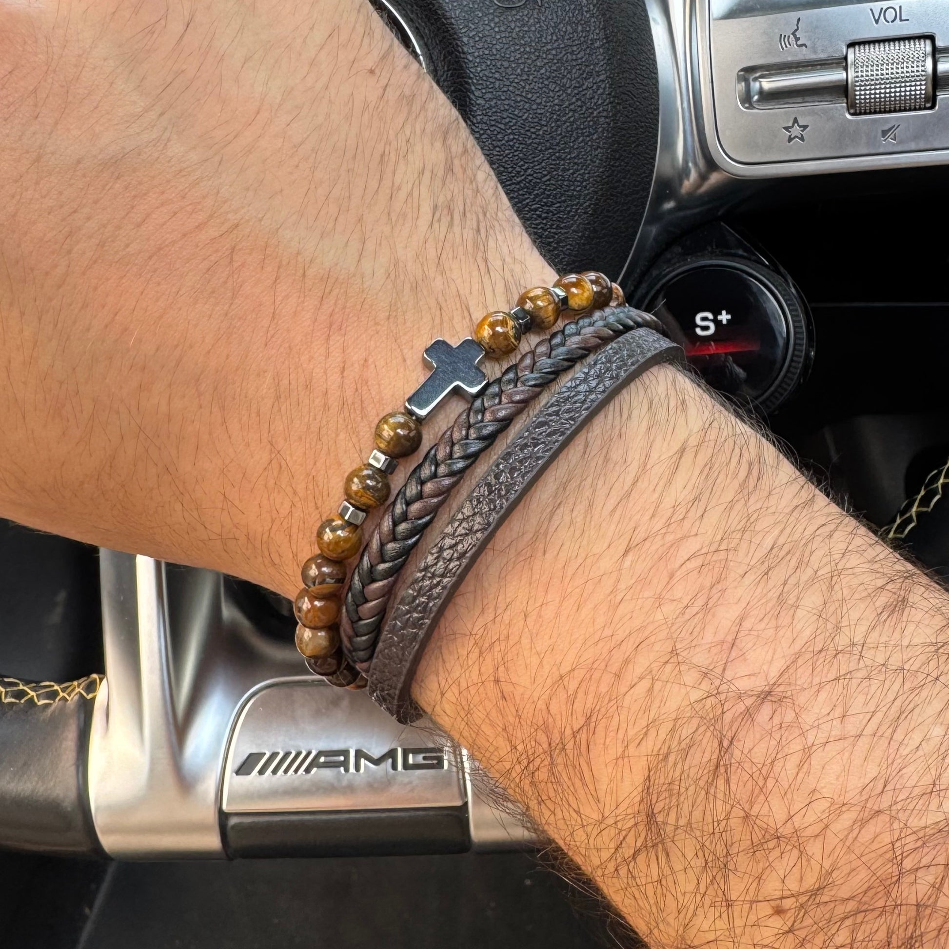 Bransoletka Tygrysie Oko Hematyt Skórzana Kamień Krzyż Magnetyczna Seralune