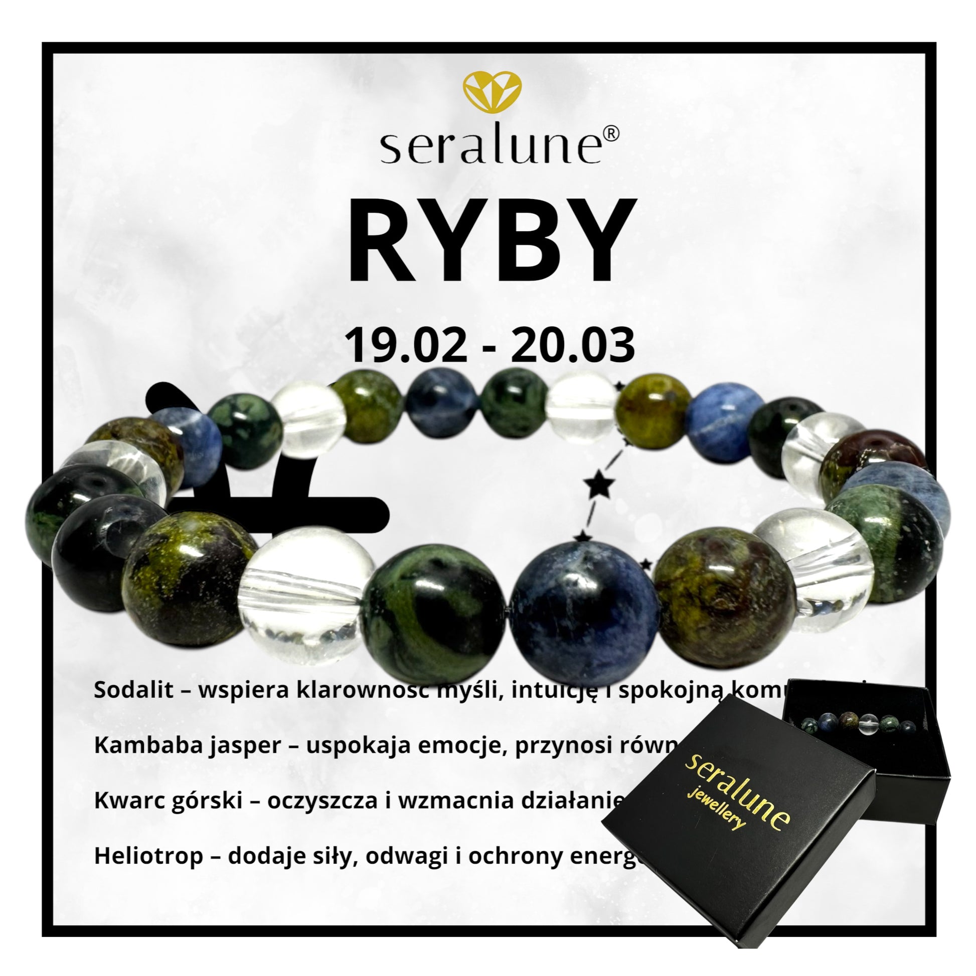 Bransoletka Znak Zodiaku Ryby Sodalit Jaspis Kwarc Górski Heliotrop 
