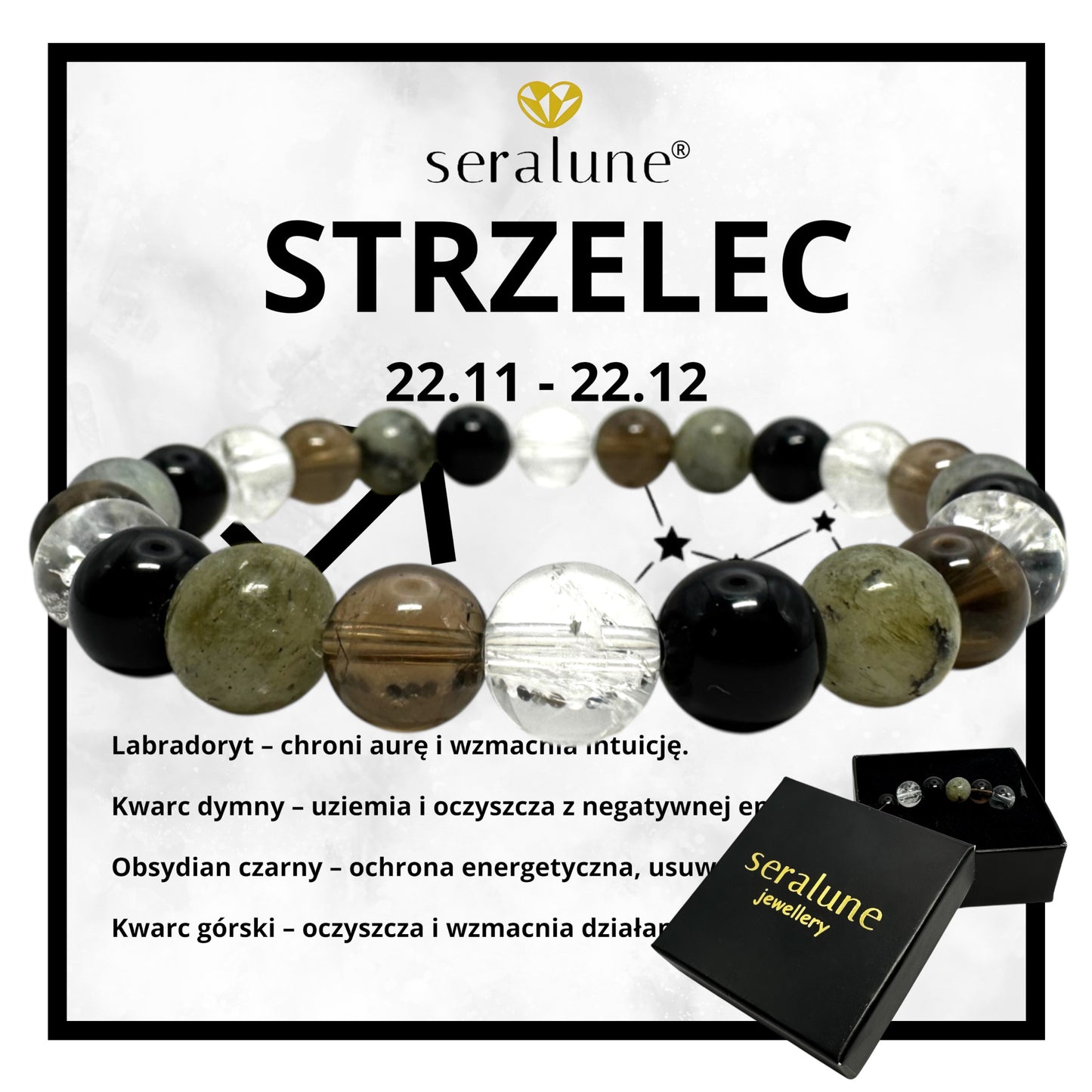 Bransoletka Znak Zodiaku Strzelec Obsydian Labradoryt Kwarc Dymny 8mm