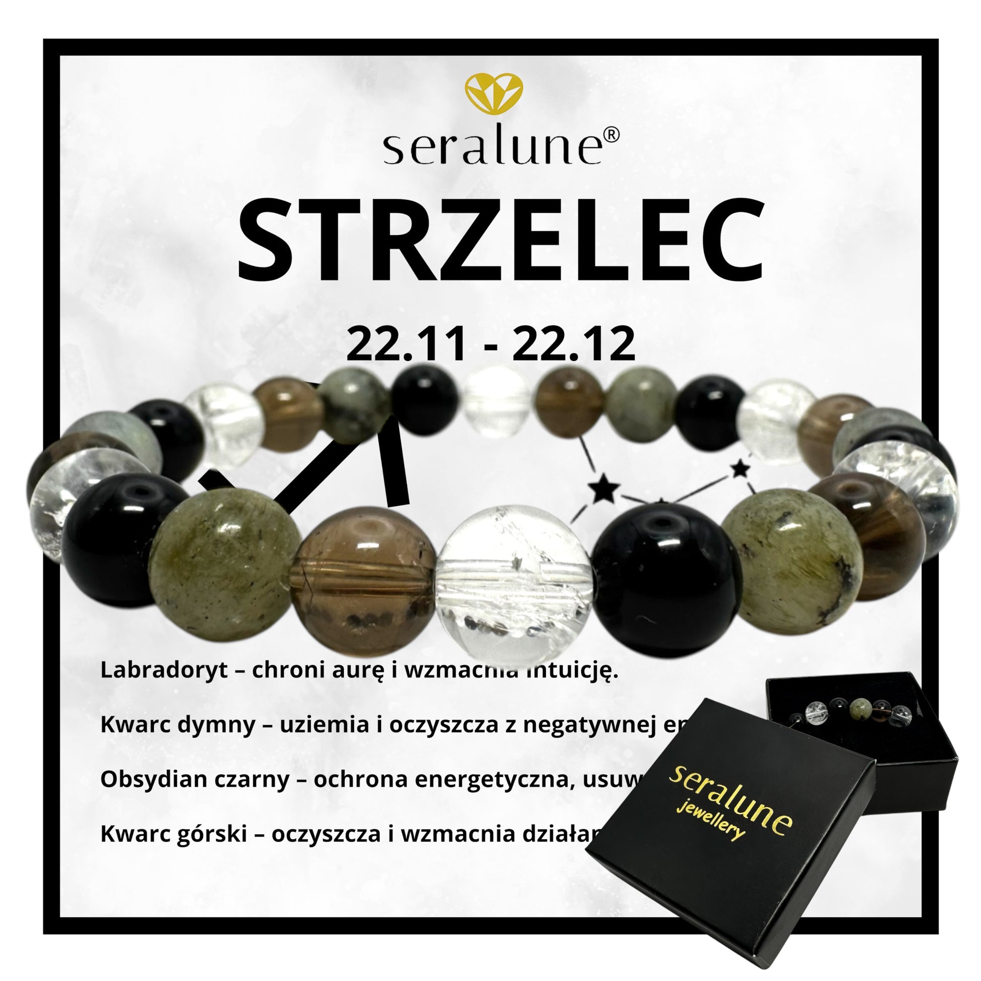 Bransoletka Znak Zodiaku Strzelec Obsydian Labradoryt Kwarc Dymny 8mm