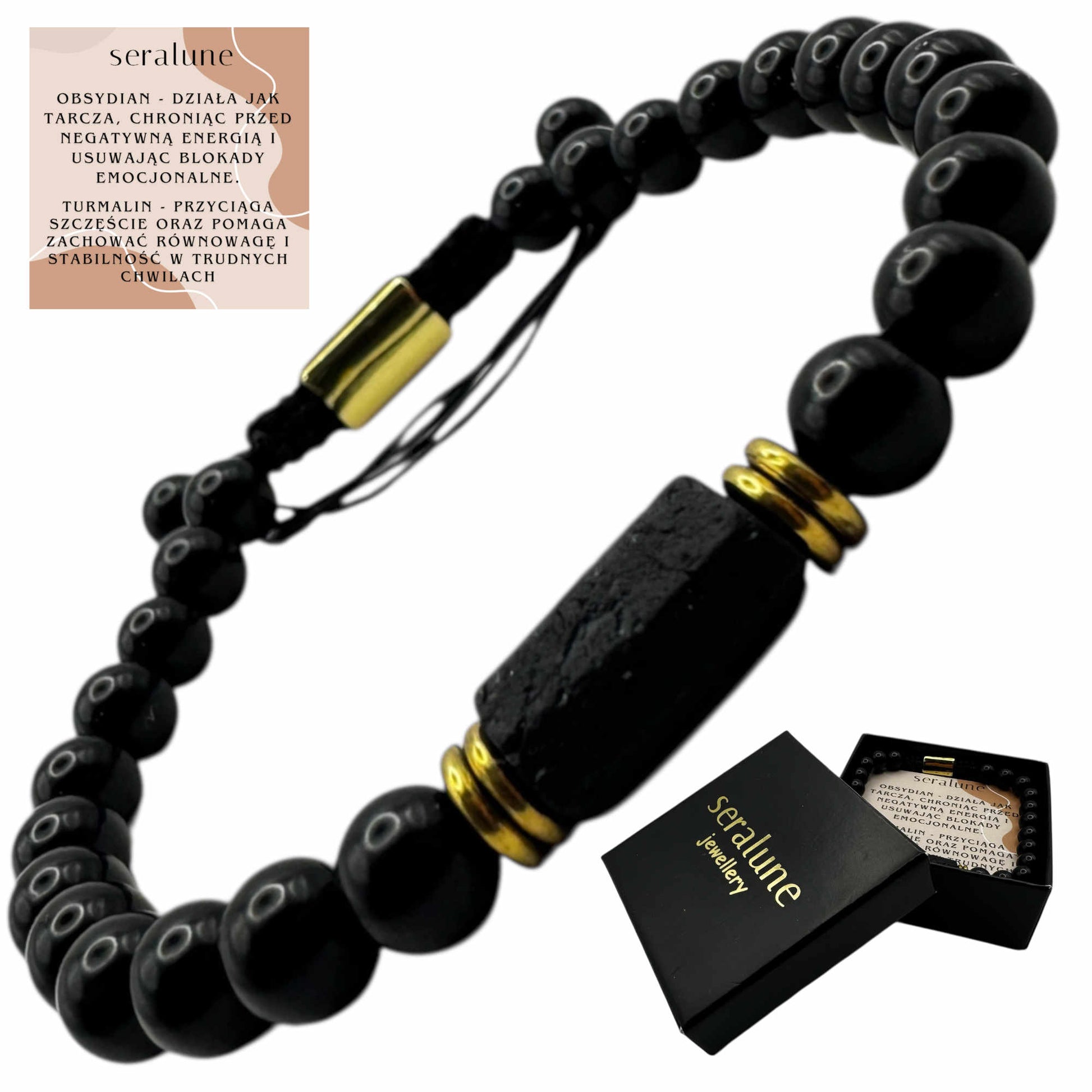 Bransoletka z Czarnego Turmalinu RAW i Obsydianu Talizman Makramowa Regulacja