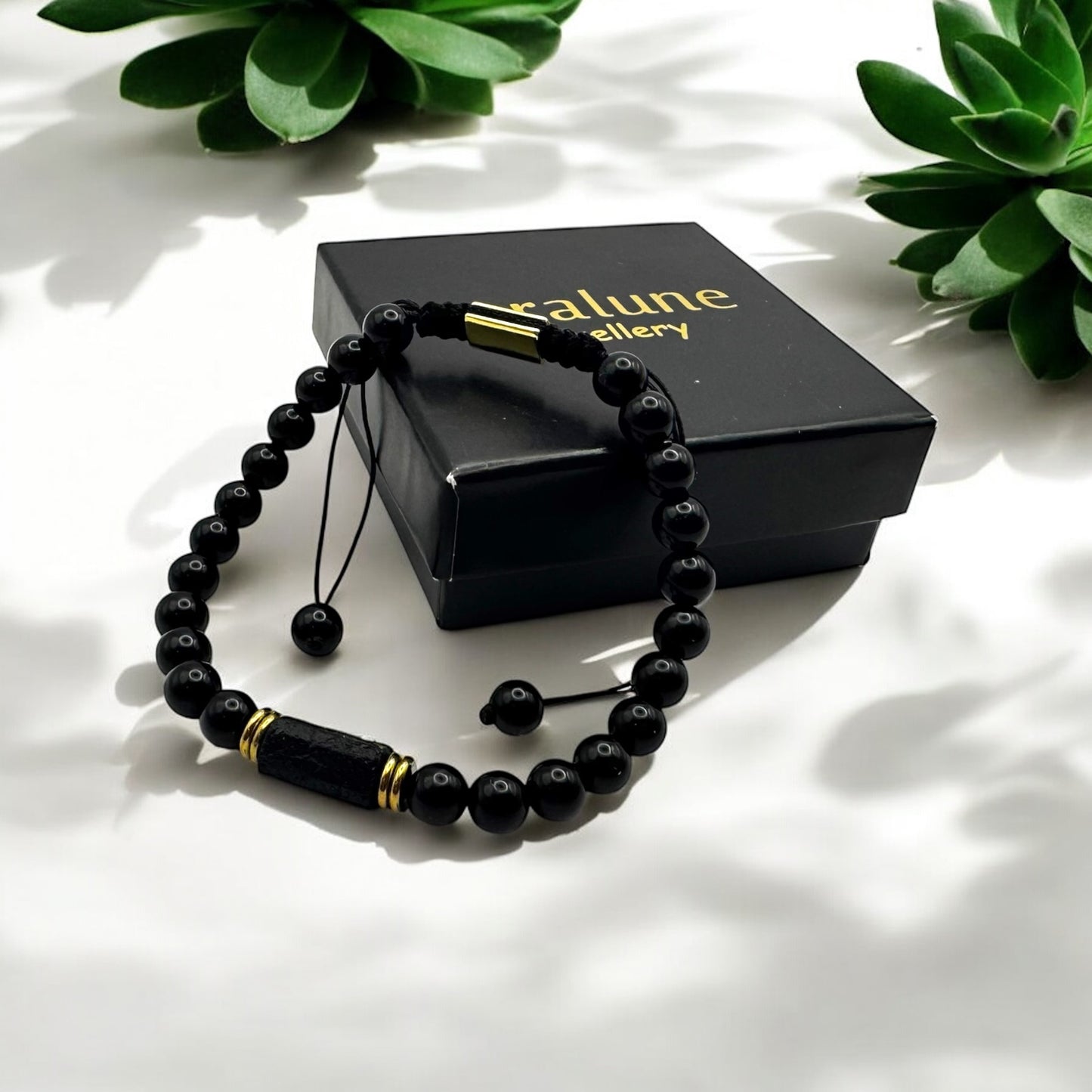 Bransoletka z Czarnego Turmalinu RAW i Obsydianu Talizman Makramowa Regulacja