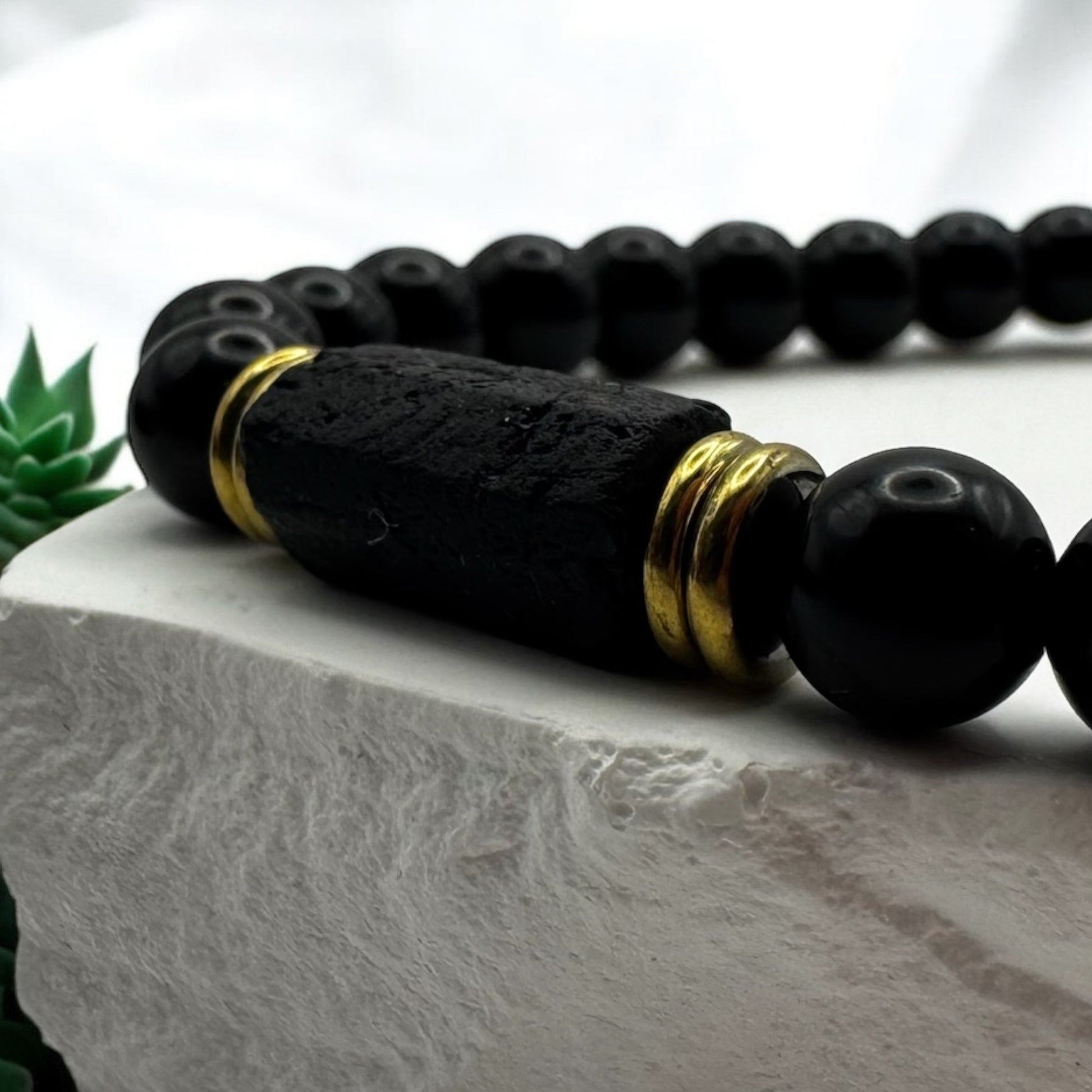 Bransoletka z Czarnego Turmalinu RAW i Obsydianu Talizman Makramowa Regulacja