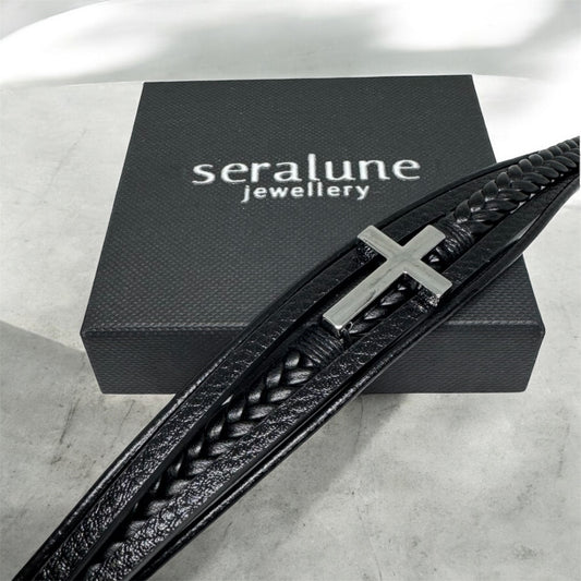 Brasnoletka Męska Skórzana z Krzyżem Magnetyczna Srebrna Chrom