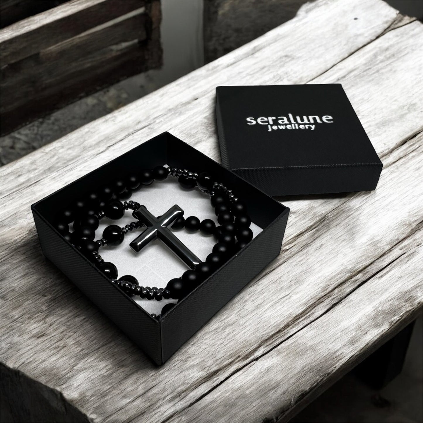 Naszyjnik Różaniec z Krzyżem Czarny Turmalin Hematyt Obsydian Naturalny