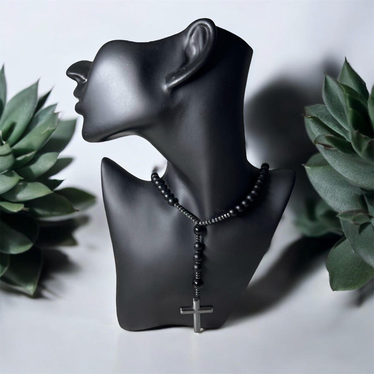 Naszyjnik Różaniec z Krzyżem Czarny Turmalin Hematyt Obsydian Naturalny