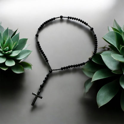 Naszyjnik Różaniec z Krzyżem Czarny Turmalin Hematyt Obsydian Naturalny