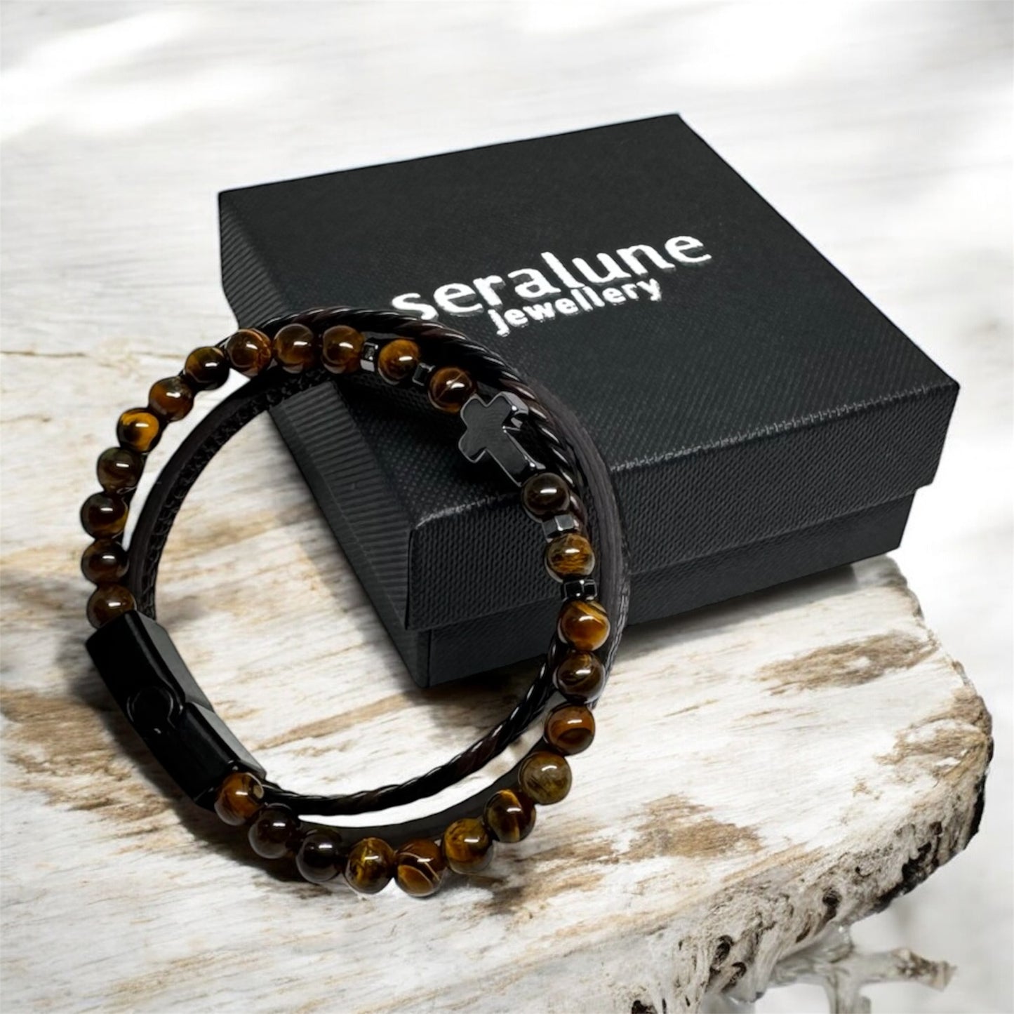 Bransoletka Skórzana Tygrysie Oko Hematyt Kamień Krzyż Magnetyczna Seralune