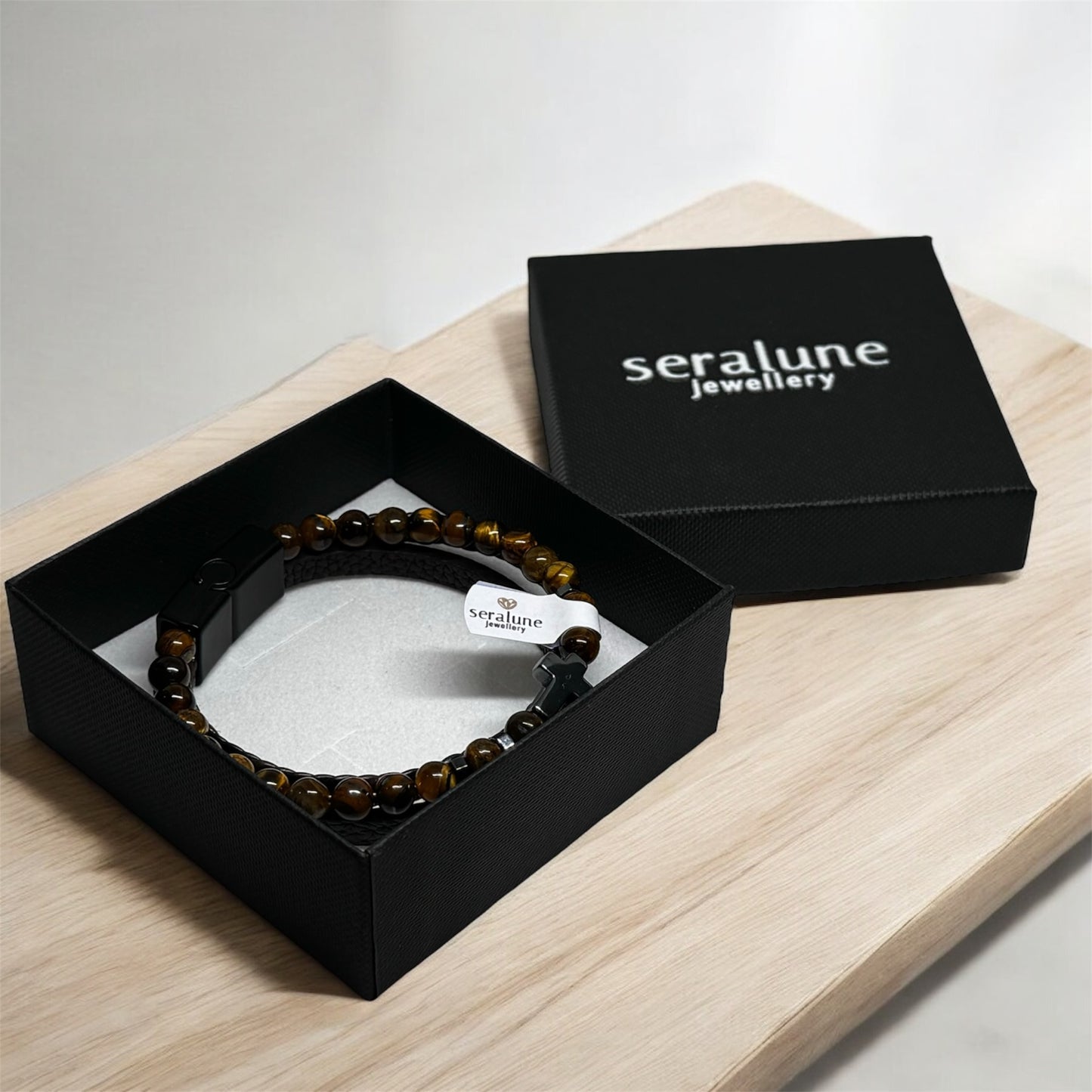 Bransoletka Skórzana Tygrysie Oko Hematyt Kamień Krzyż Magnetyczna Seralune