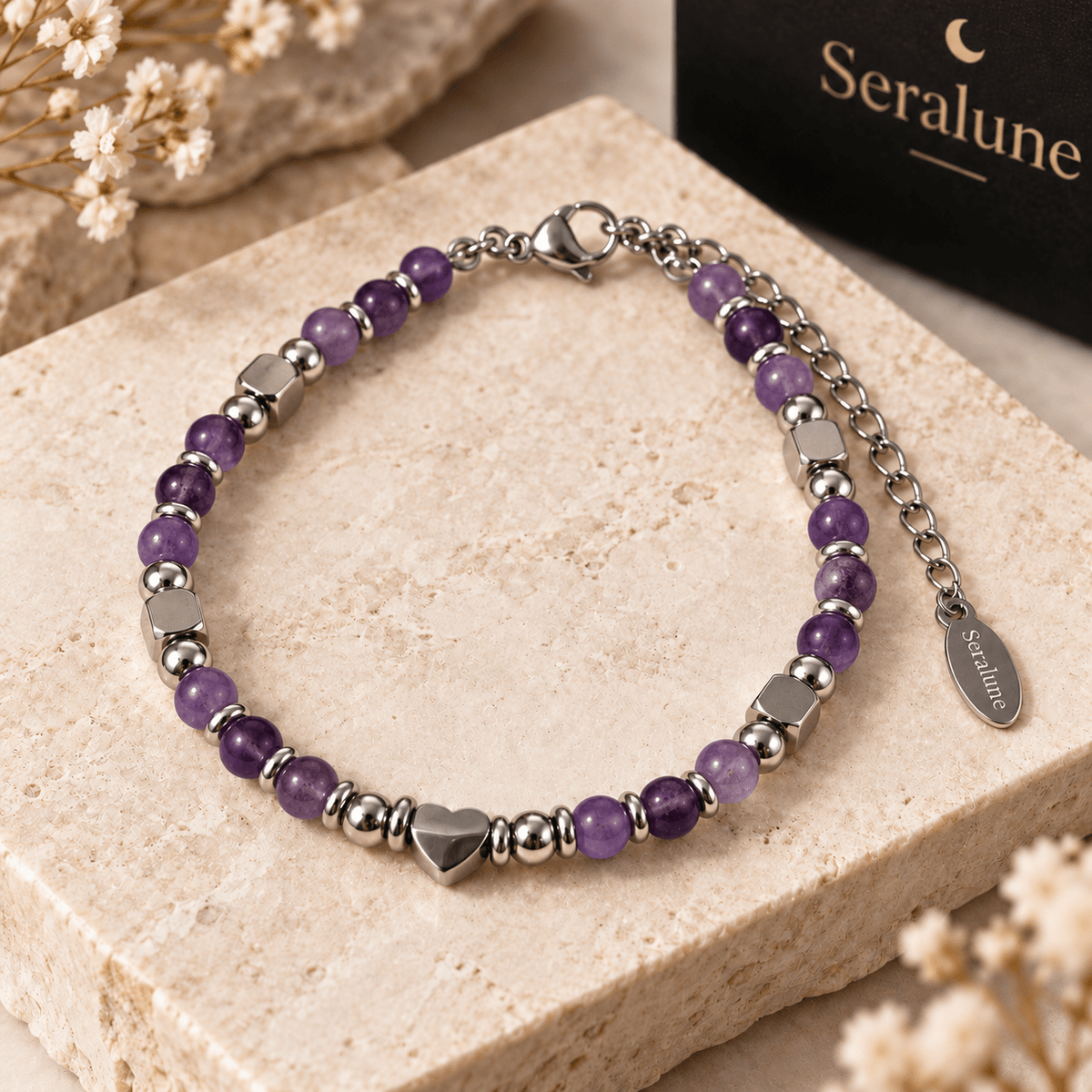 Bransoletka Ametyst Kamień 3mm Stal Chirurgiczna - Seralune